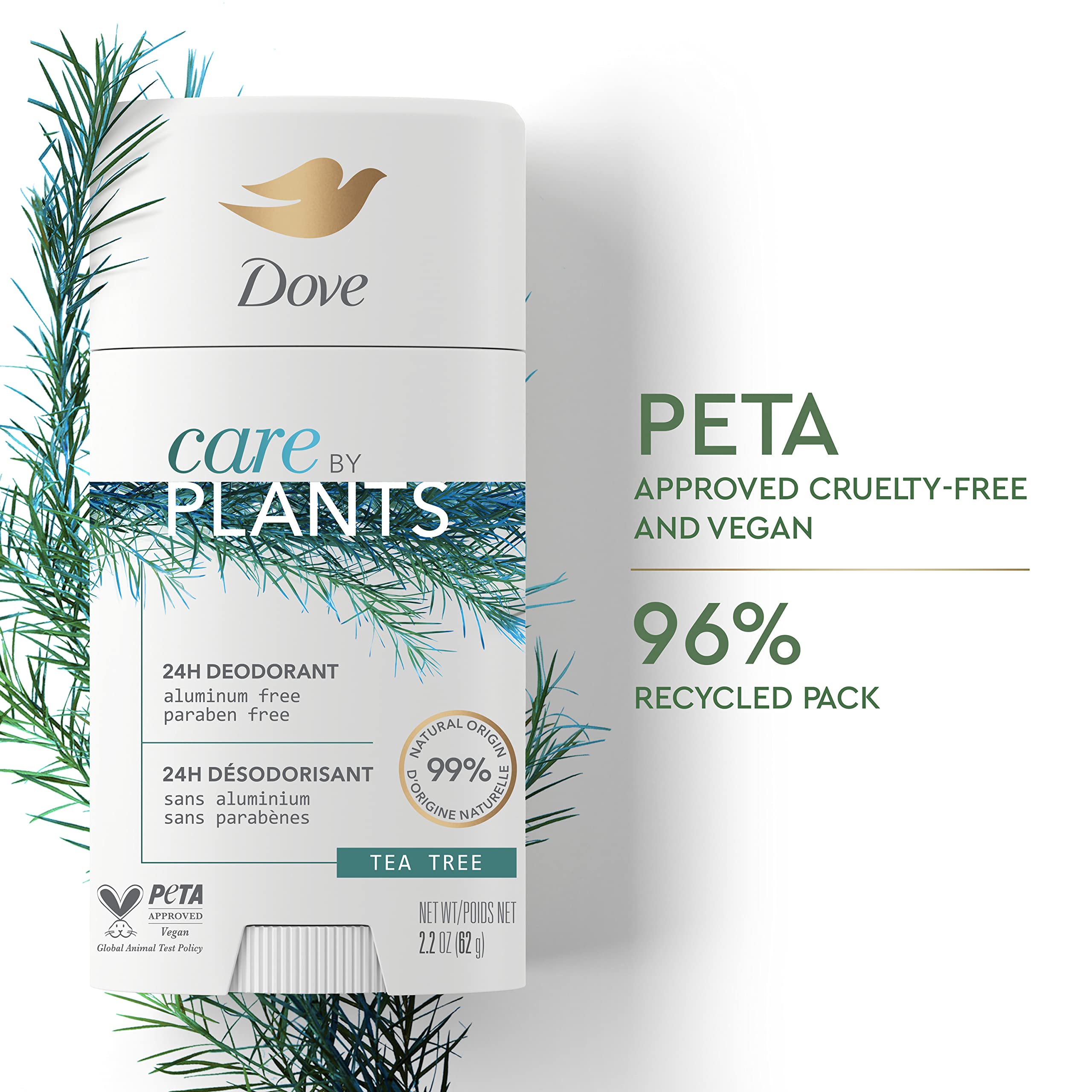 Dove Care by Plants Tea Tree Deodorant Stick — Aluminum-Free, 24h Odor Protection (3 x 2.6 oz)