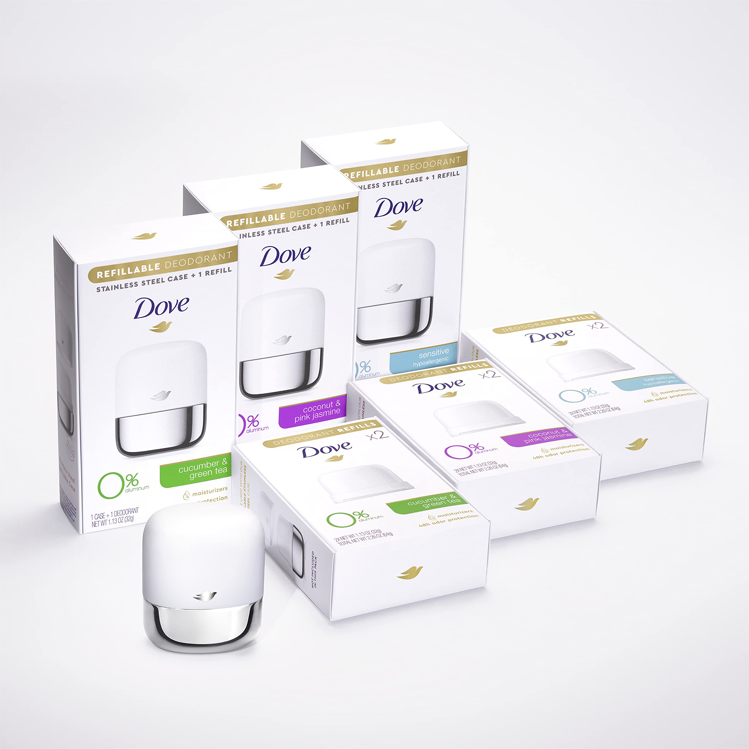 Dove Refillable Deodorant Starter Kit 0% Aluminum – Coconut & Pink Jasmine, Aluminum-Free 1.13 oz