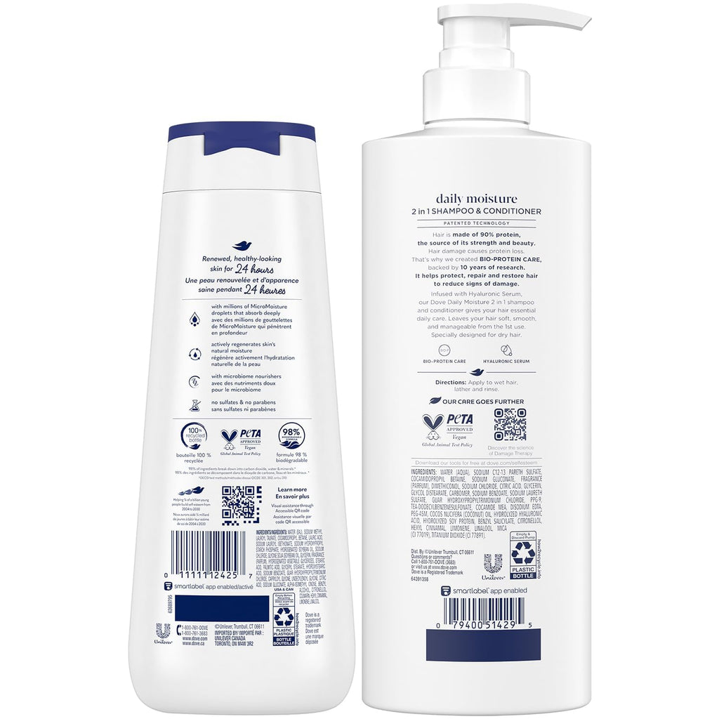 Dove 2-in-1 Shampoo & Conditioner Daily Moisture + Deep Moisture Body Wash – Hydrating Hair & Skin Set