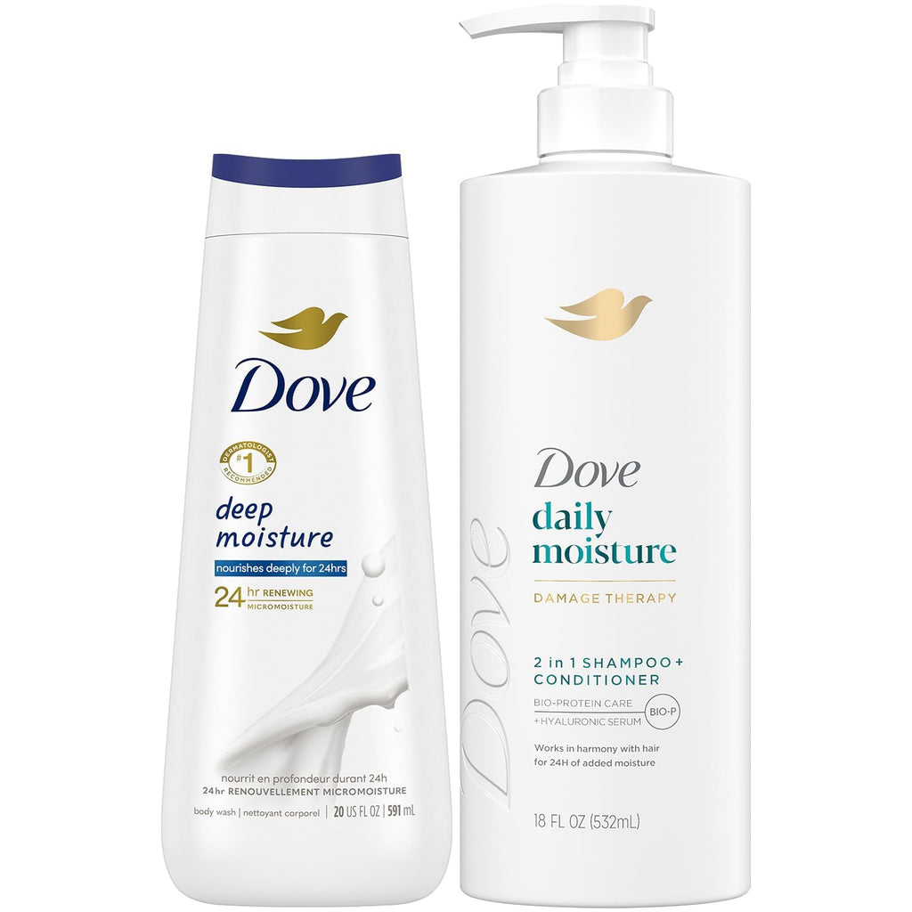 Dove 2-in-1 Shampoo & Conditioner Daily Moisture + Deep Moisture Body Wash – Hydrating Hair & Skin Set