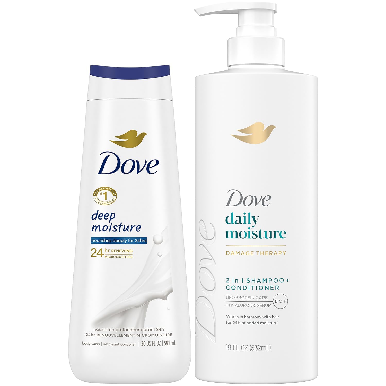Dove 2-in-1 Shampoo & Conditioner Daily Moisture + Deep Moisture Body Wash – Hydrating Hair & Skin Set