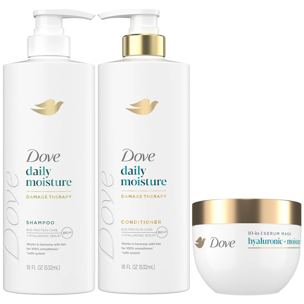 Dove Daily Moisture Shampoo & Conditioner Set with Hyaluronic & 10-in-1 Serum Mask — Deep Hydration for Dry Hair (3-Piece)