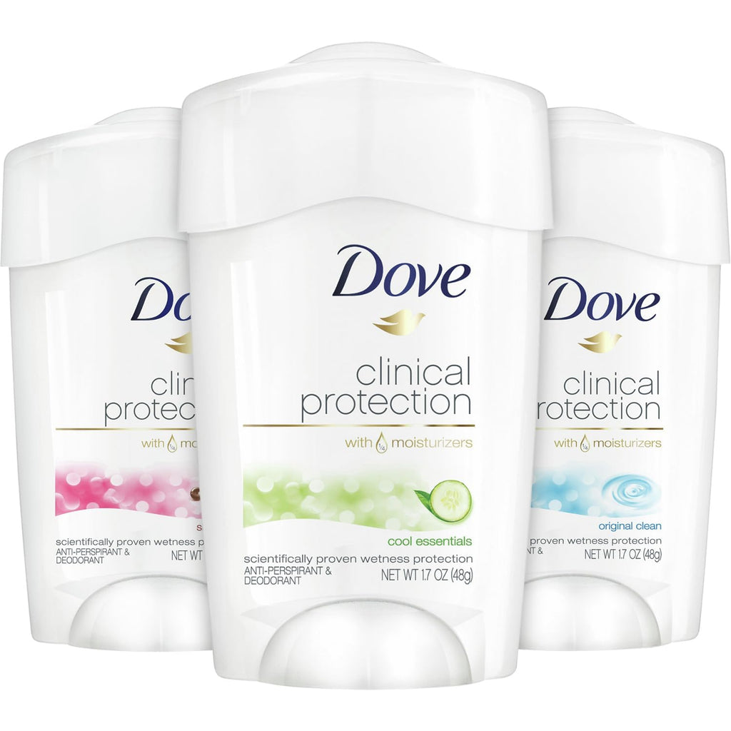 Dove Deodorant Clinial Protection for Women — 3-Stick Variety Pack (1.7 oz each, 48-Hour Odor Protection, Moisturizing for Sensitive Skin)