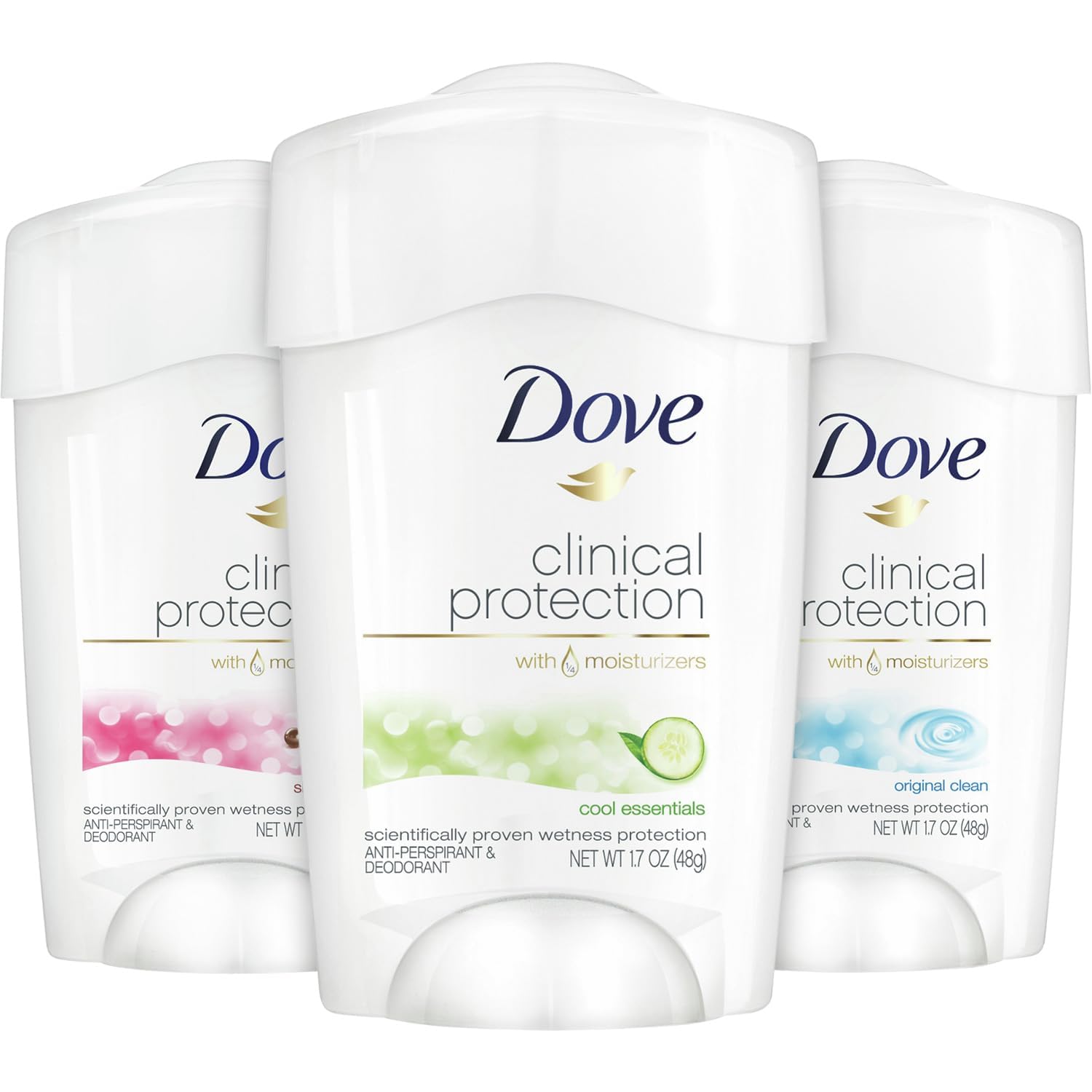Dove Deodorant Clinial Protection for Women — 3-Stick Variety Pack (1.7 oz each, 48-Hour Odor Protection, Moisturizing for Sensitive Skin)