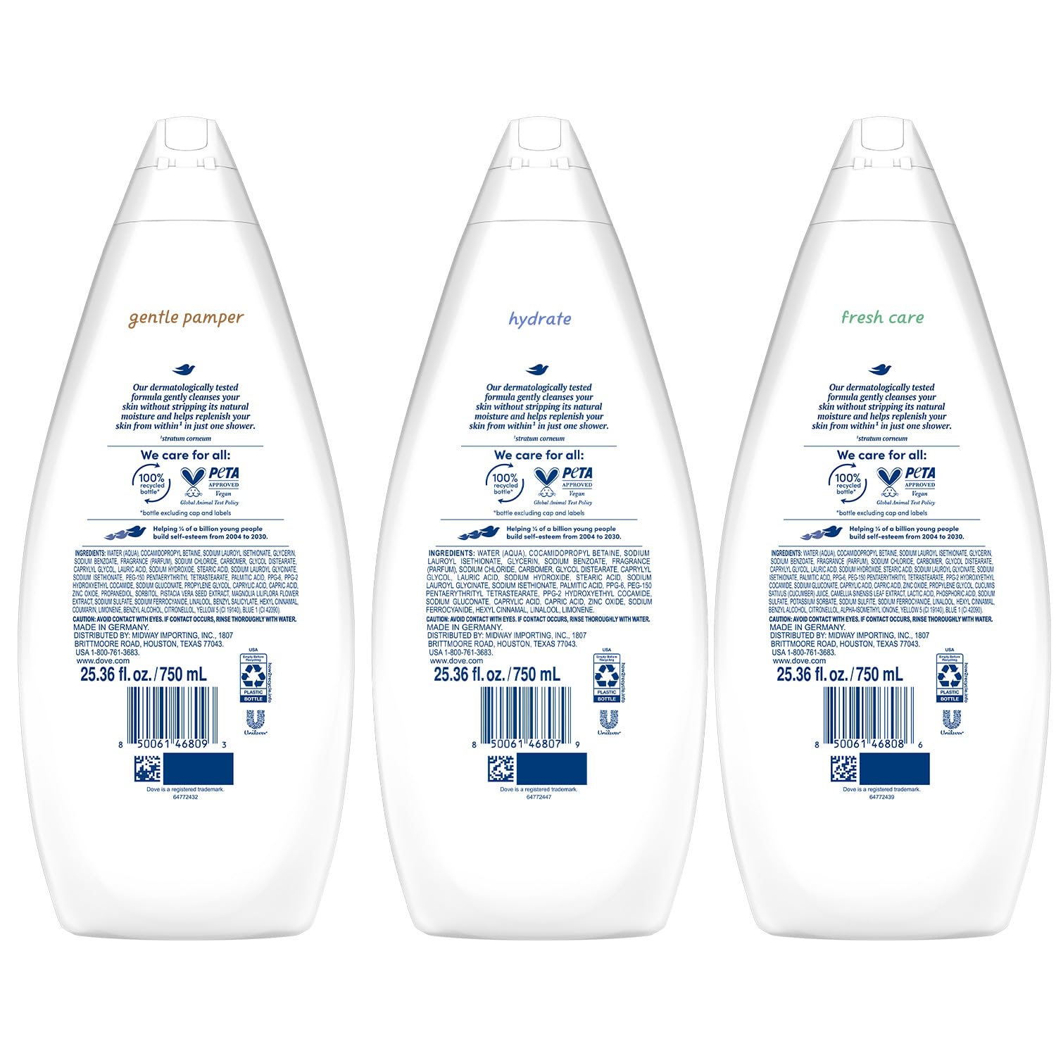 Dove Body Wash Value-Size 3-Pack – Hydrate, Fresh Care & Gentle Pamper, 25.36 oz Each