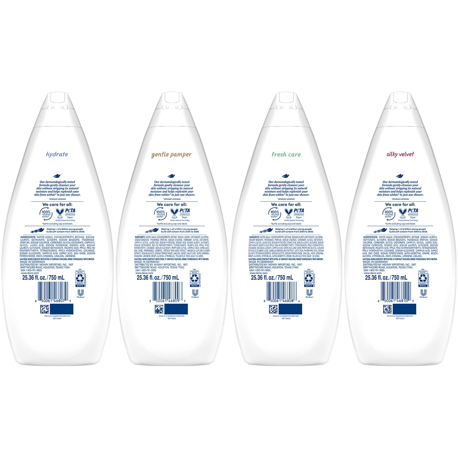 Dove Body Wash 6-Pack Value Variety – Hydrate, Gentle Pamper, Fresh Care, Silky Velvet | Family Size 25.36 oz