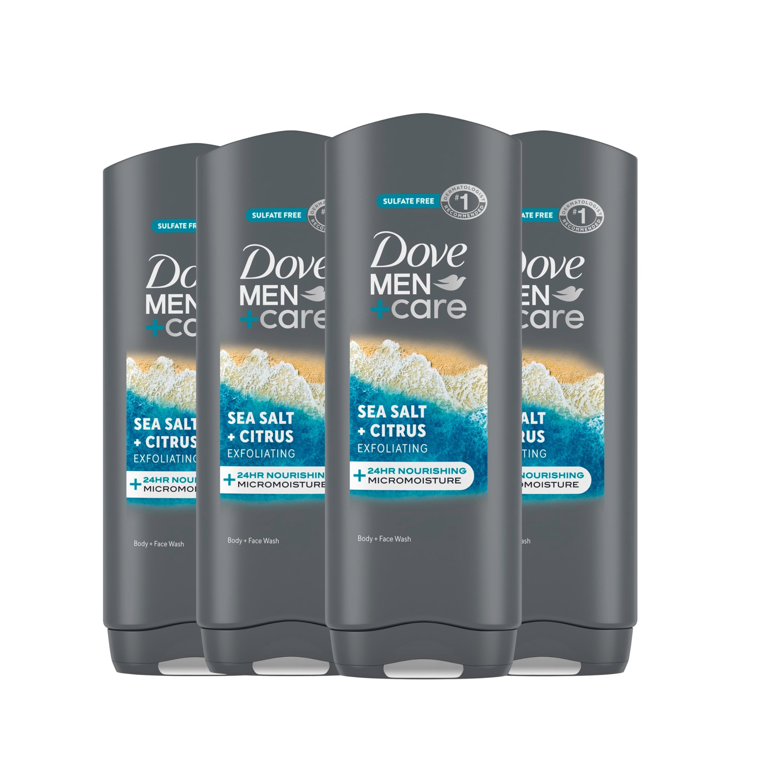 DOVE MEN + CARE Exfoliating Sea Salt + Citrus Body & Face Wash – 4-Count (18 fl oz each)