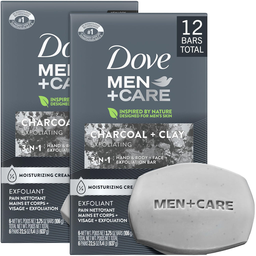 Dove Men+Care Charcoal Exfoliating Bar 12-Pack – 3-in-1 Soap for Skin, Hands & Shaving (3.75 oz ea)