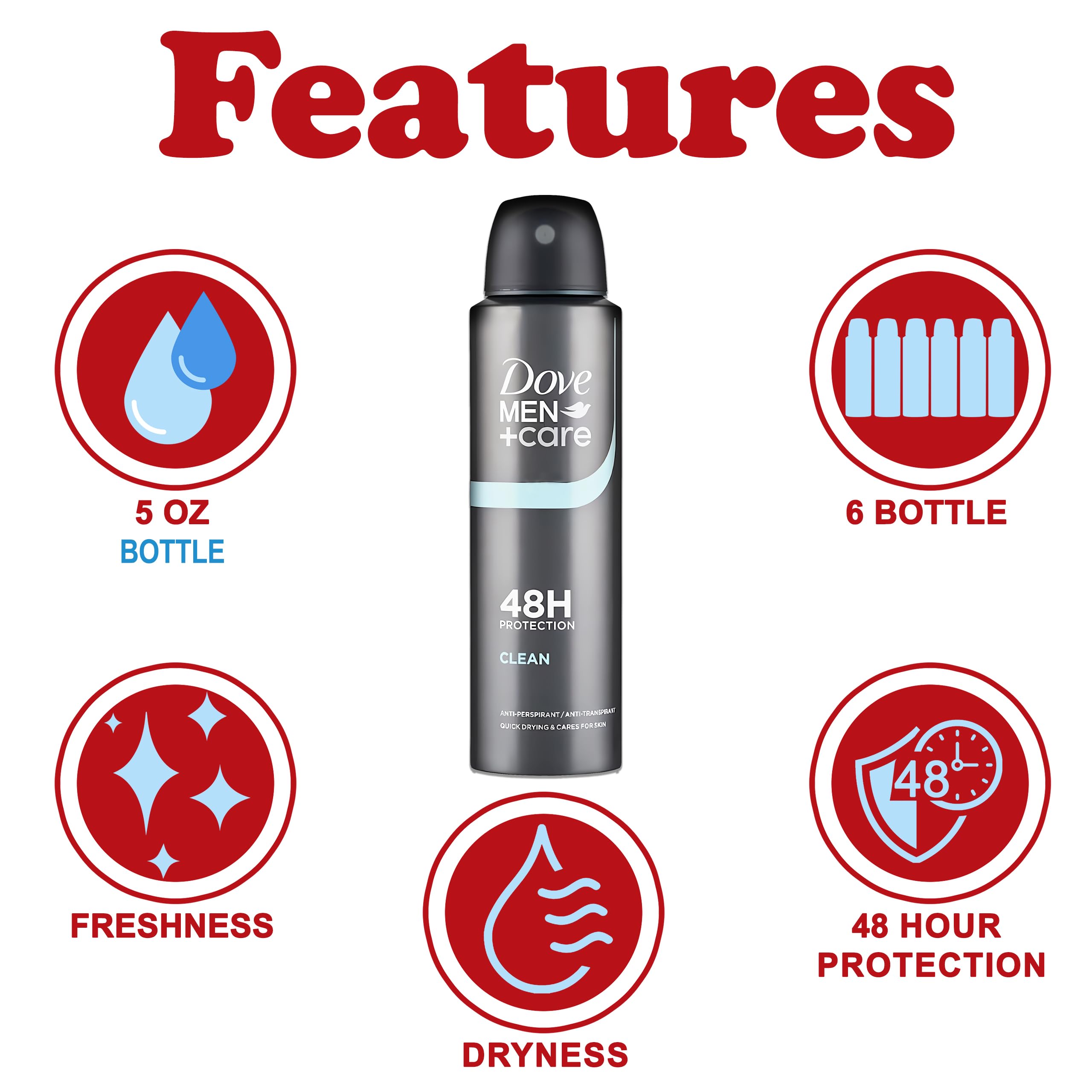 Dove Men+Care Classic Antiperspirant Spray – 6-Pack, 48-Hour Sweat & Odor Protection