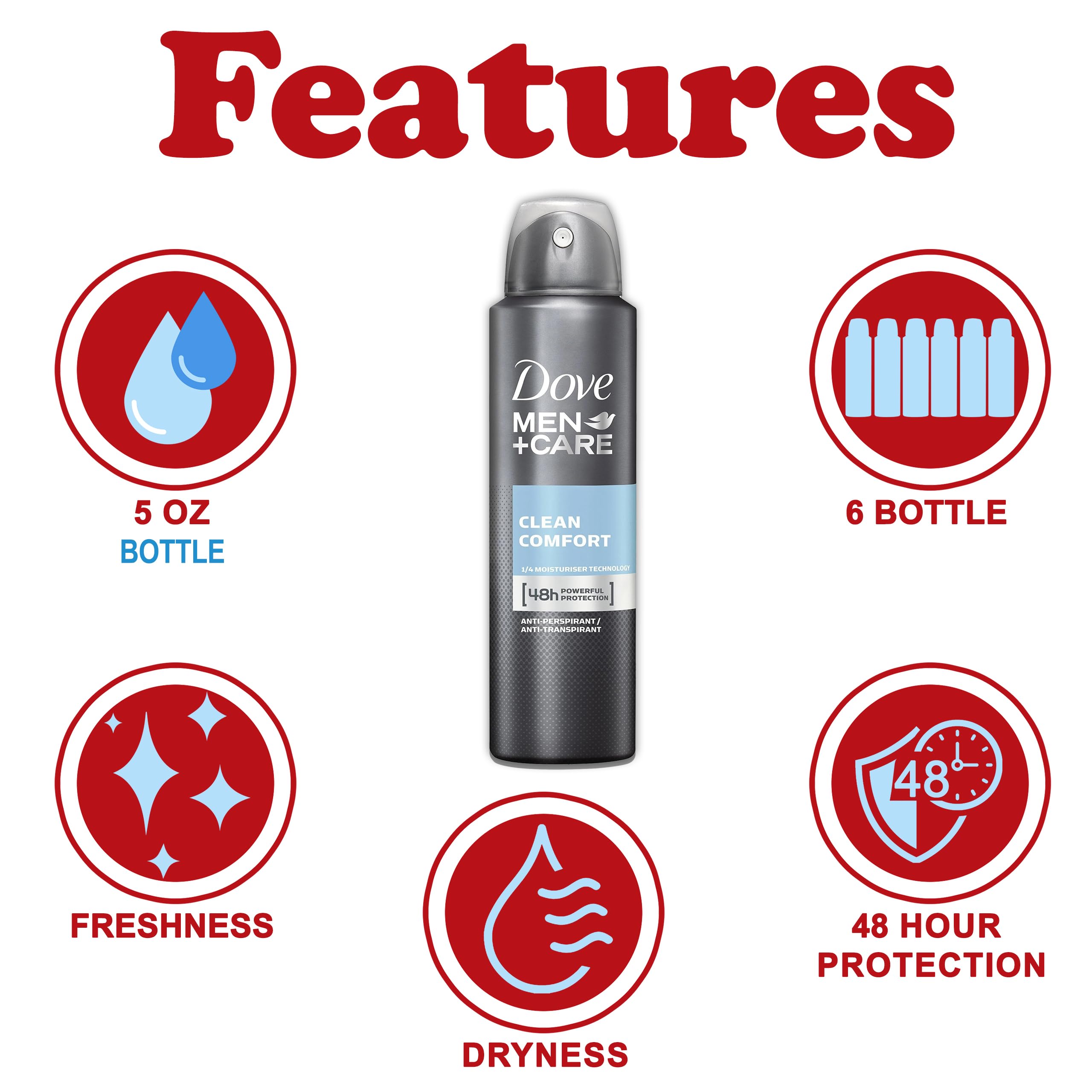 Dove Men+Care Clean Comfort Antiperspirant Spray – 6 Pack, 48H Protection