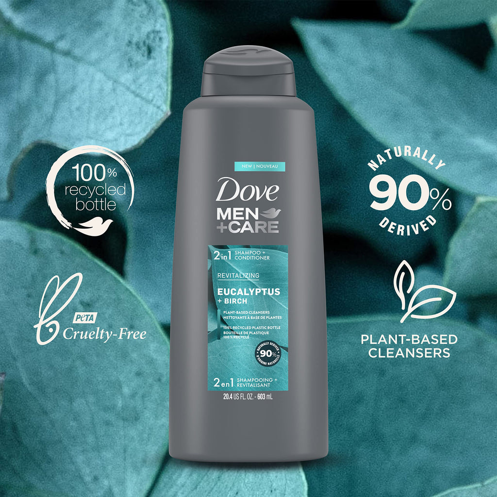 DOVE MEN + CARE 2 in 1 Shampoo Conditioner Body Wash Eucalyptus + Birch – 3 Count (20.4 oz each)