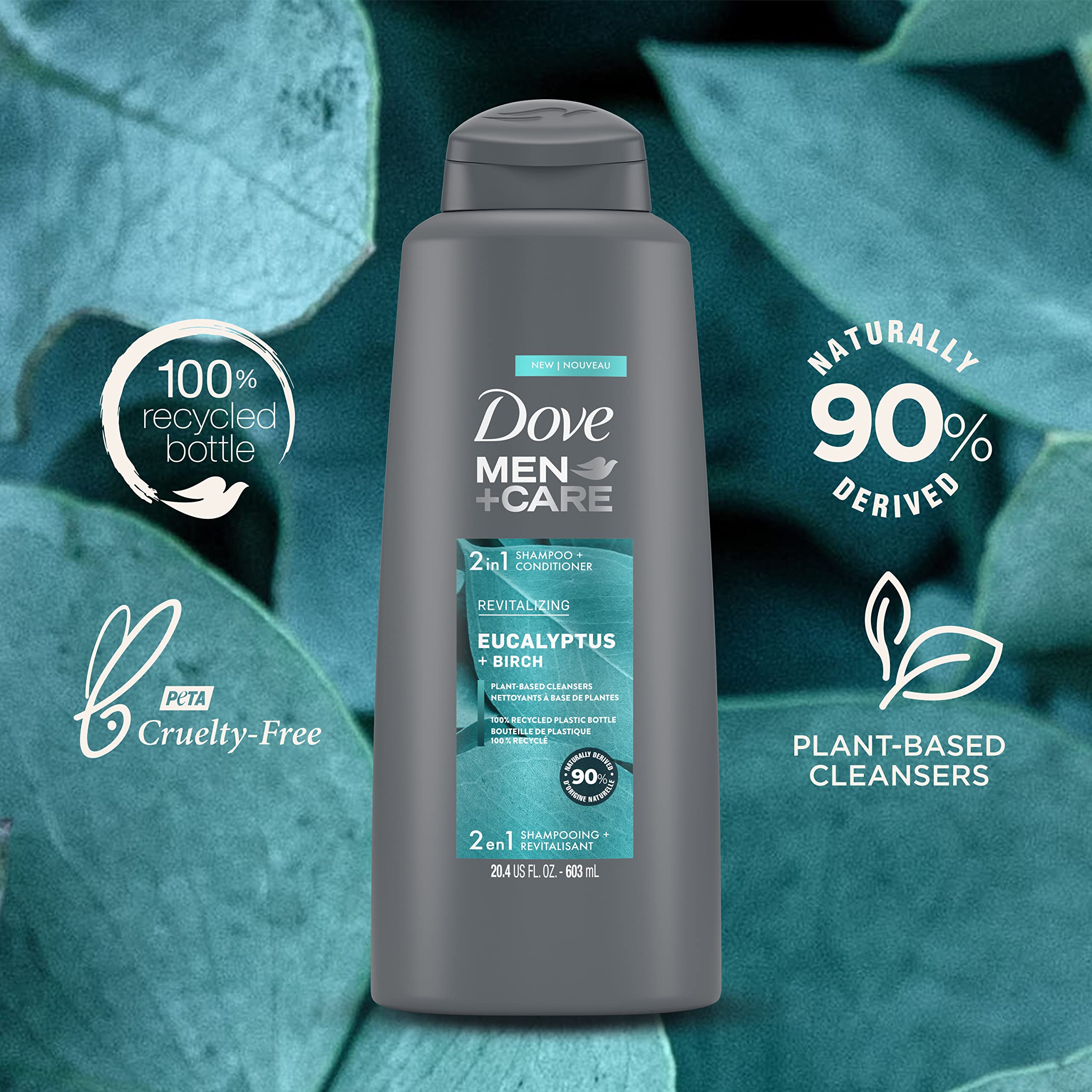 DOVE MEN + CARE 2 in 1 Shampoo Conditioner Body Wash Eucalyptus + Birch – 3 Count (20.4 oz each)