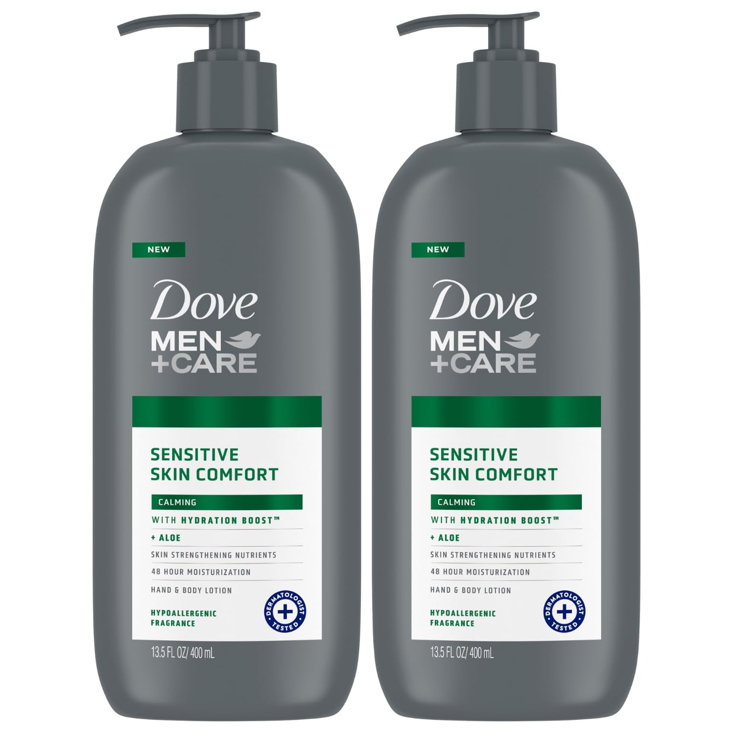 Dove Men+Care Hand & Body Lotion Value Pack – Sensitive Skin Calming Formula with Shea Butter & Aloe, 2 x 13.5 fl oz