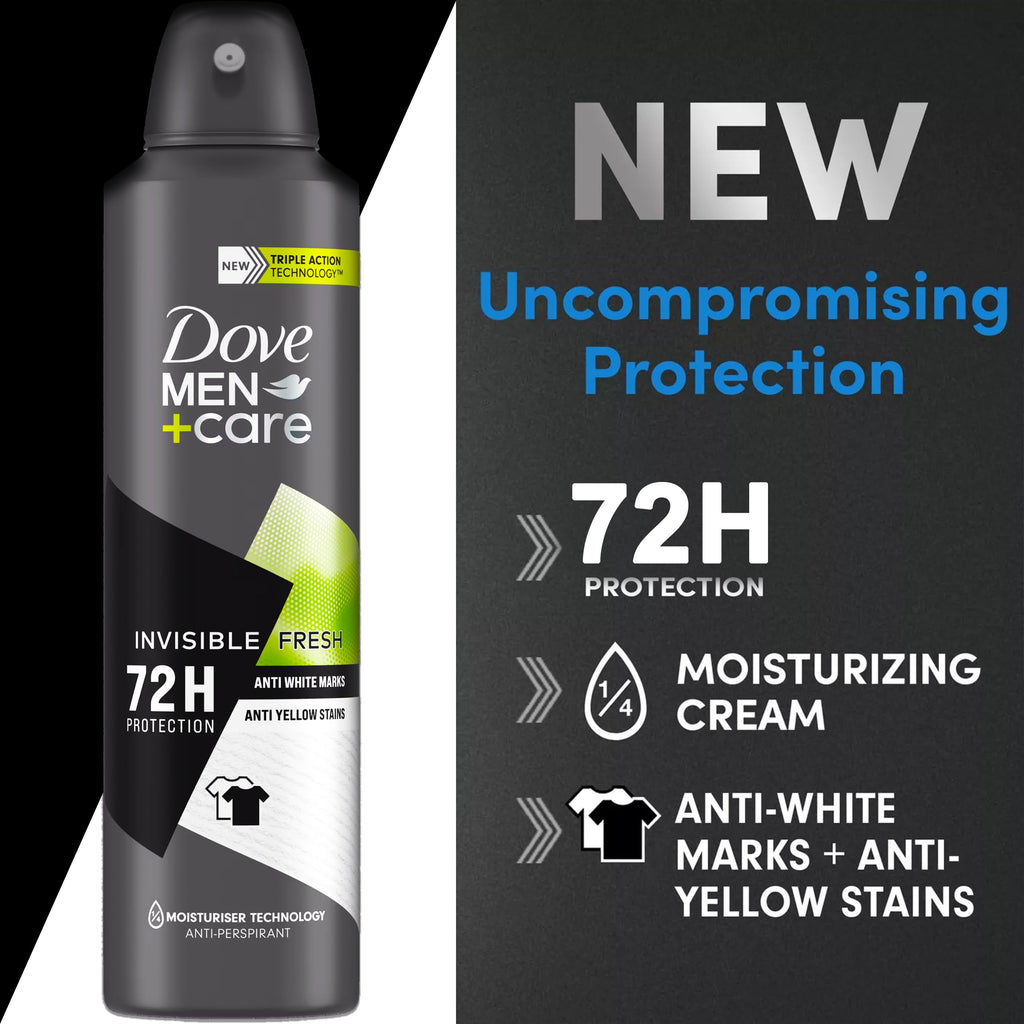 Dove Men+Care Invisible Fresh Antiperspirant Spray – 6 Pack, 72-Hour Protection, No White Marks or Yellow Stains