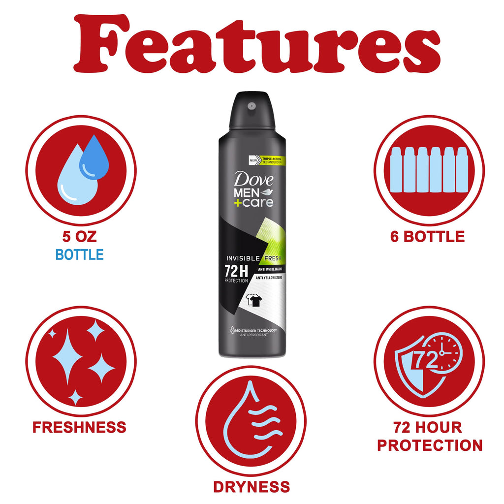 Dove Men+Care Invisible Fresh Antiperspirant Spray – 6 Pack, 72-Hour Protection, No White Marks or Yellow Stains
