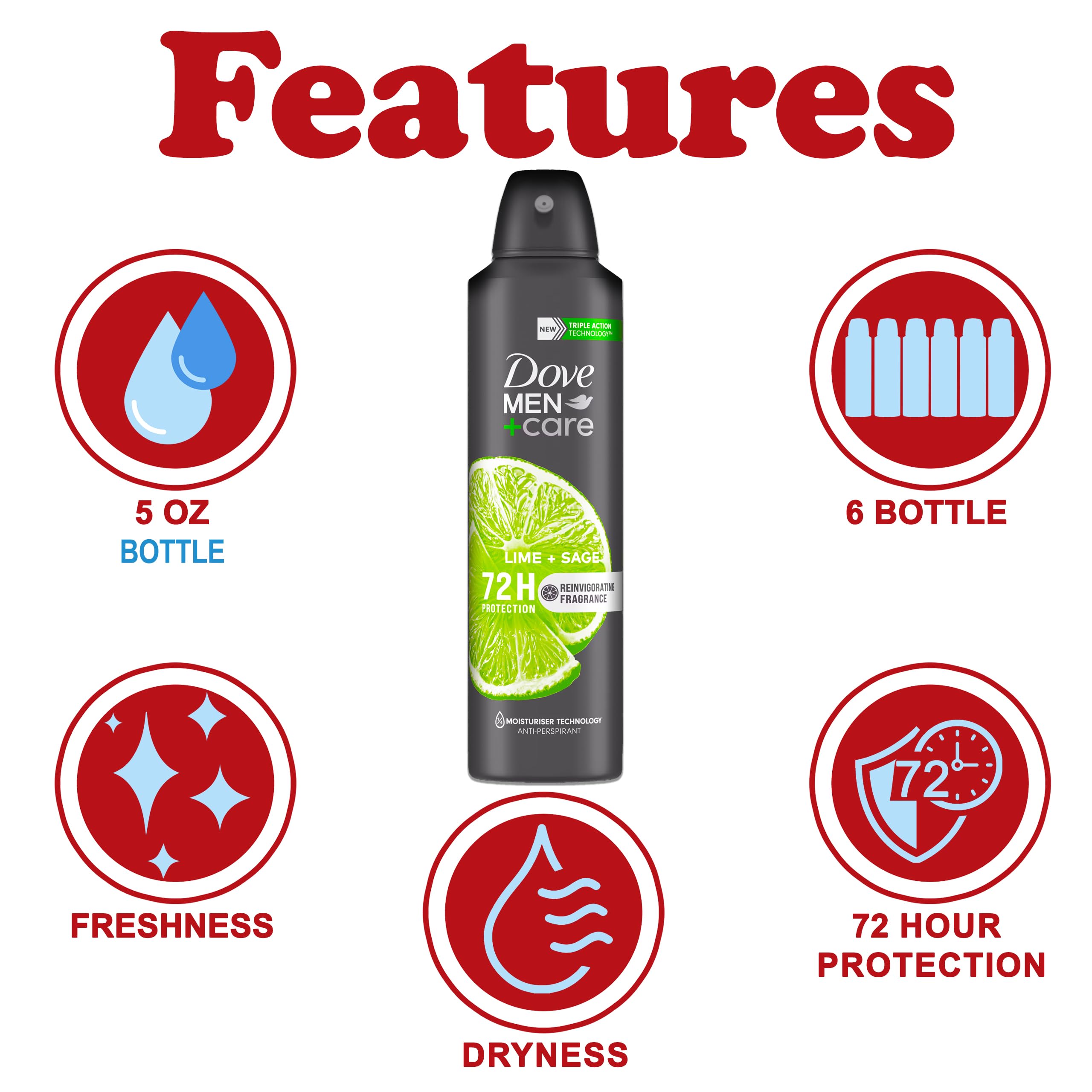 Dove Men+Care Lime + Sage Antiperspirant Spray – 6 Pack, 72-Hour Odor Defense, Skin Moisturising