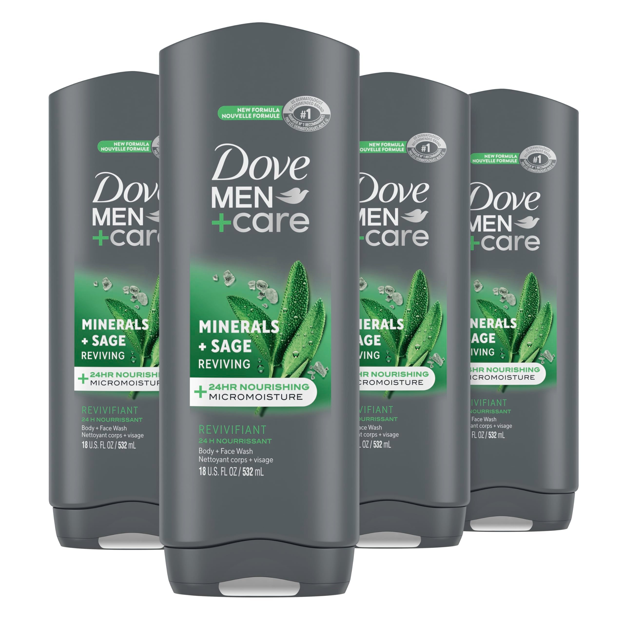 Dove Men+Care Mineral and Sage Body Wash – 4 Pack, 18 oz Each, Hydrating Cleanse for Men