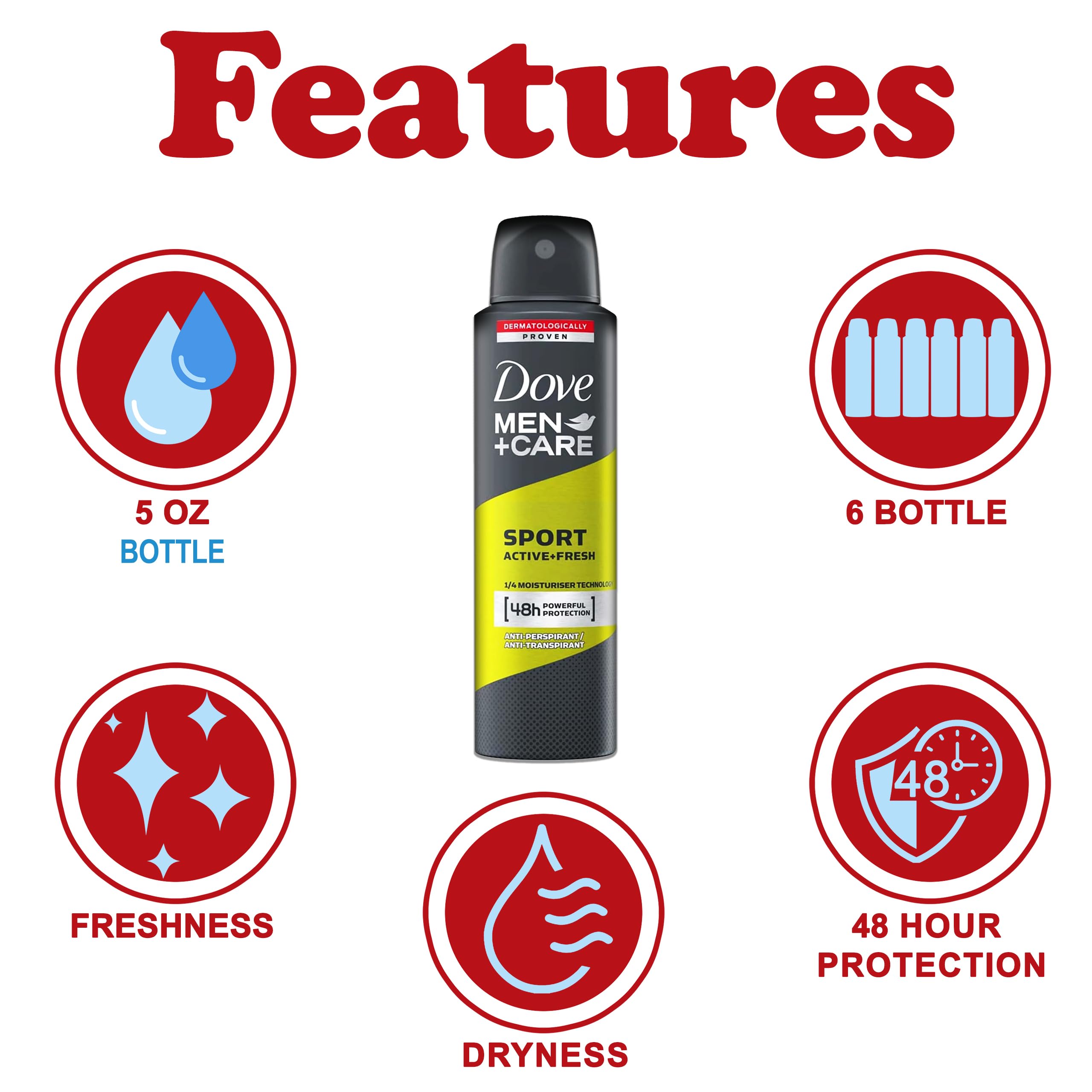 Dove Men+Care Sport Active+Fresh Antiperspirant Spray – 6 Pack, 48-Hour Odor Protection