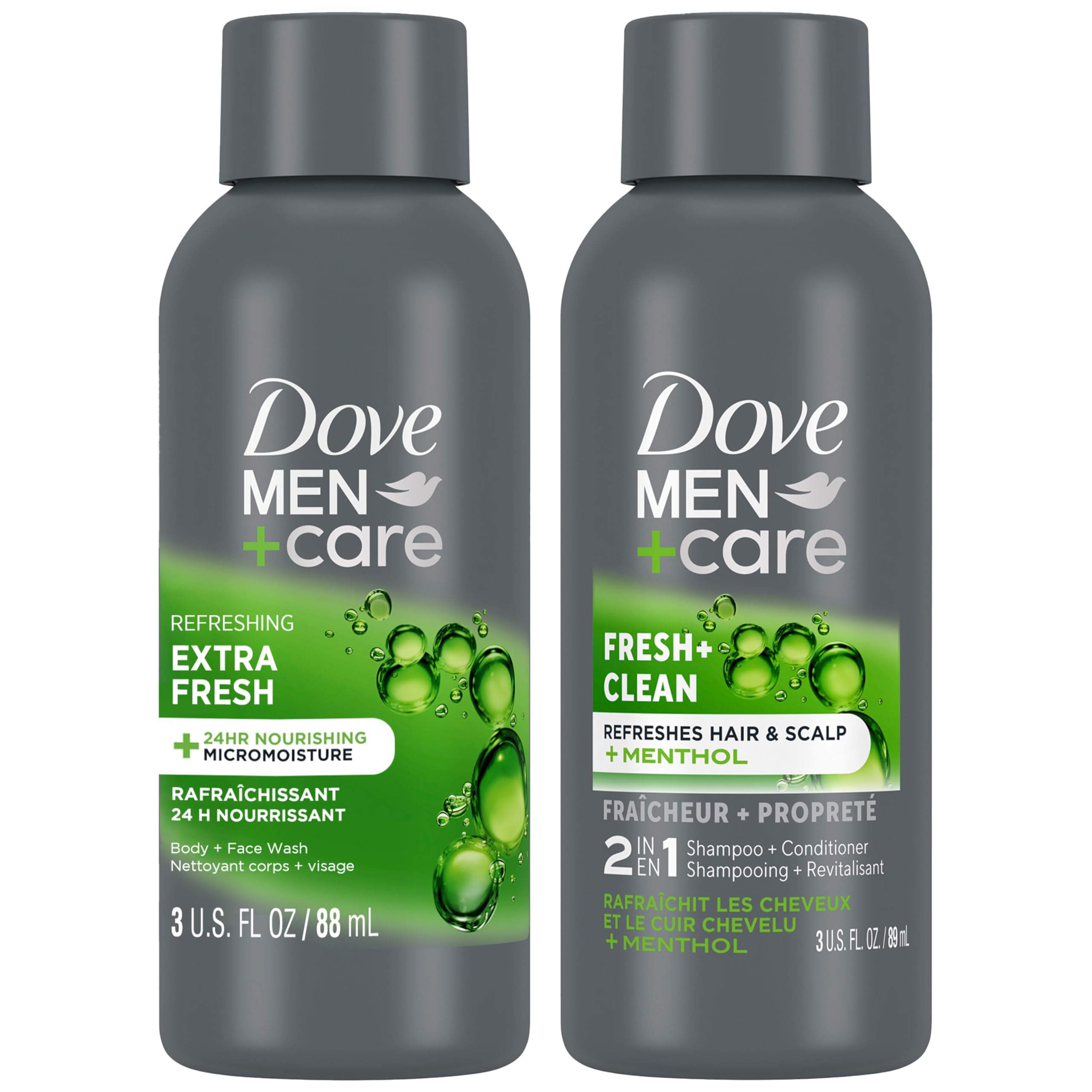Dove Men+Care Travel Essentials Bundle – Extra Fresh Wash & 2-in-1 Shampoo (3 oz each)