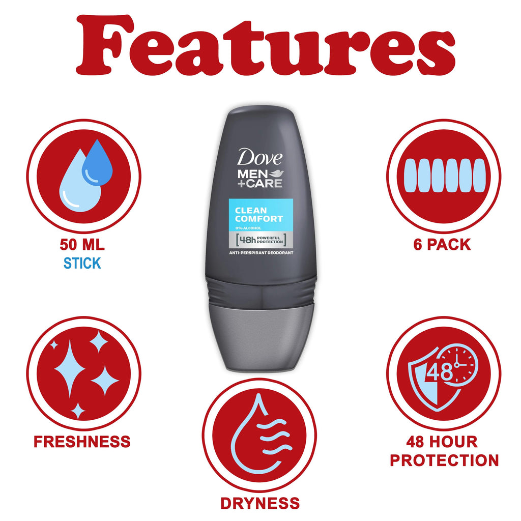 Dove Men+Care Clean Comfort Roll-On Deodorant – 6 Pack Travel Size TSA Approved, 48-Hour Protection, Fresh Scent