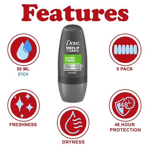 Dove Men+Care Extra Fresh Roll-On Deodorant – 6-Pack Travel Size, TSA Approved, 48-Hour Protection