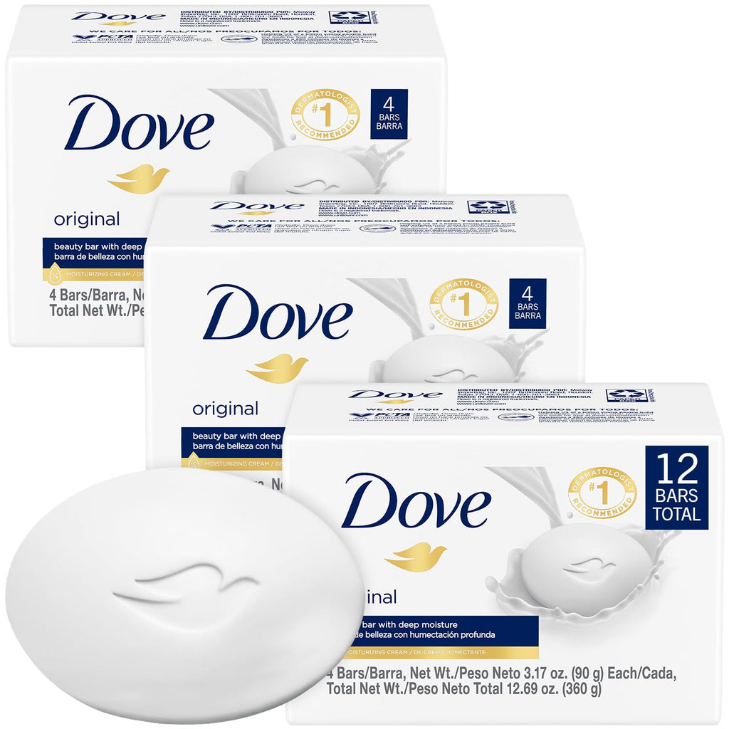 Dove Original Beauty Bar 3-Pack (12 Bars) – 3-in-1 Moisturizing Soap for Face, Body & Hands, 3.17 oz Each