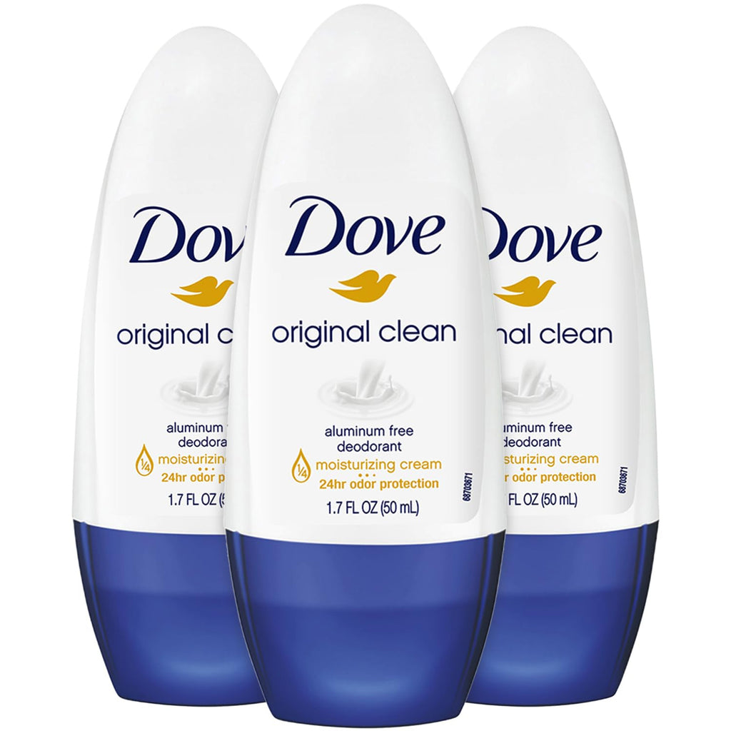 Dove Aluminum-Free Deodorant for Women, Original Clean Roll-On – 3-Pack with 24H Odor Protection