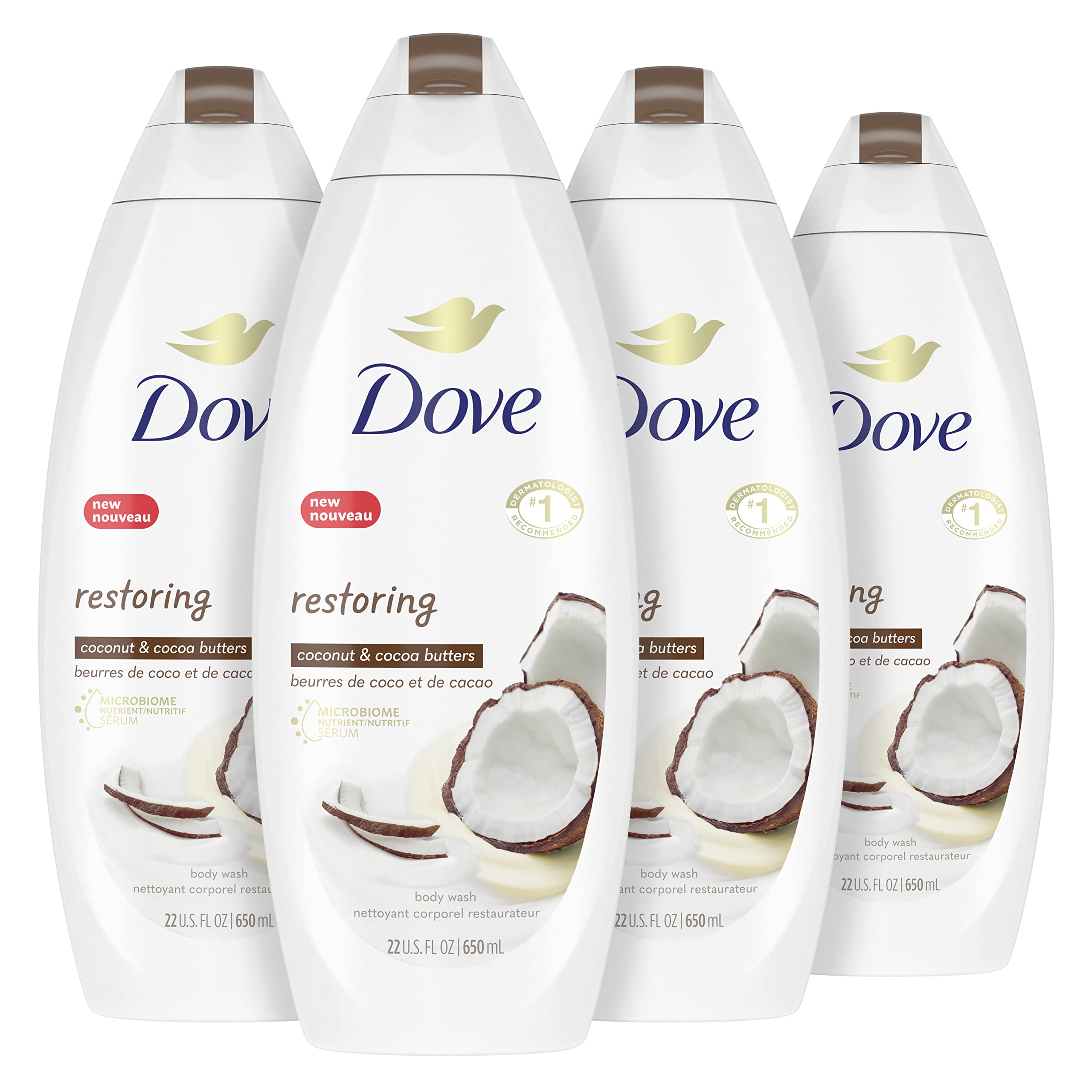 Dove Purely Pampering Body Wash for Dry Skin – Coconut Butter & Cocoa Butter, 22 oz (4 Count)