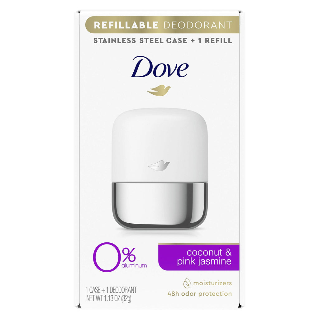 Dove Refillable Deodorant Starter Kit 0% Aluminum – Coconut & Pink Jasmine, Aluminum-Free 1.13 oz