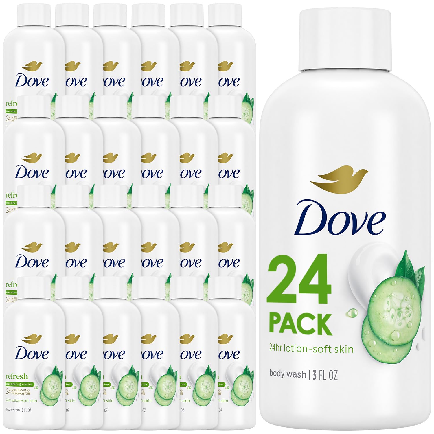 Dove Travel Body Wash Refresh – Cucumber & Green Tea, 3 oz Mini Bottles (24-Pack)