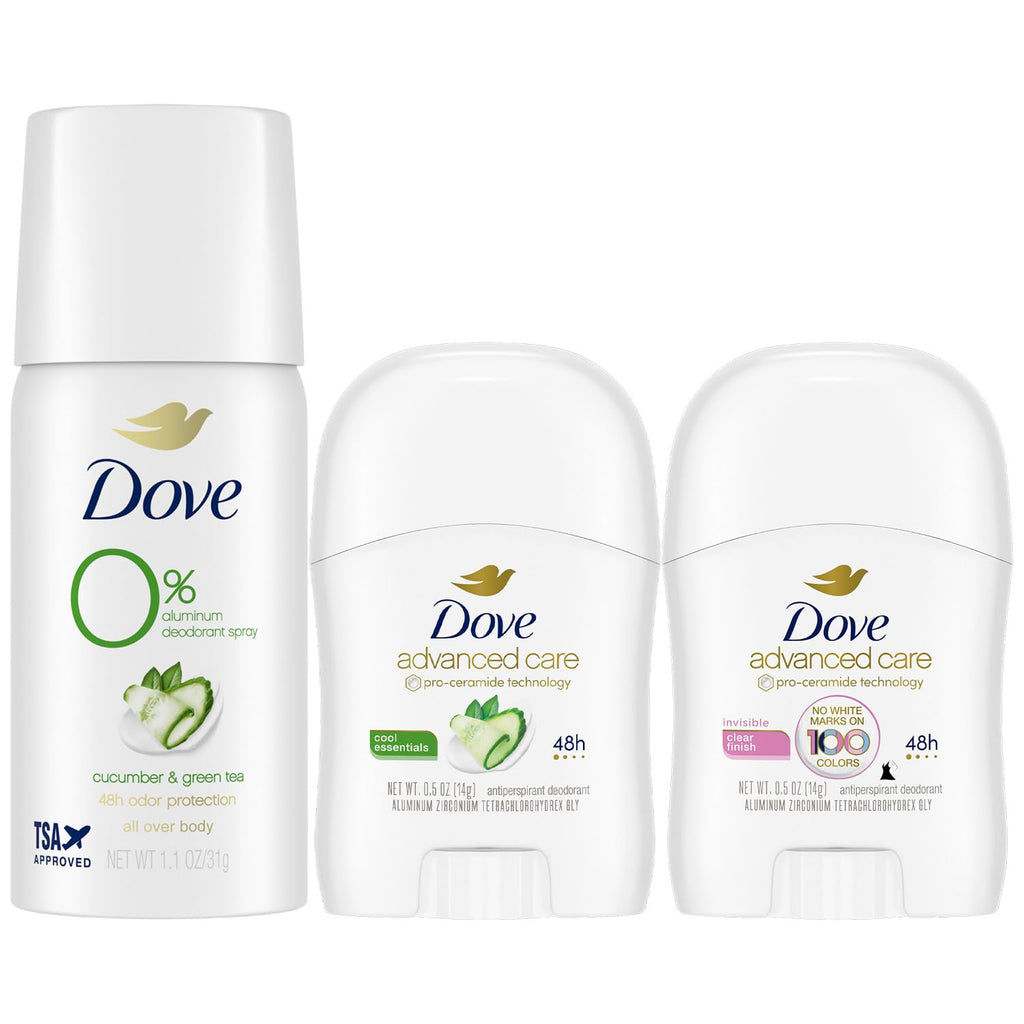 Dove Travel Deodorant for Women Variety 3-Pack – Advanced Care Invisible, Cool Essentials Mini, Cucumber & Green Tea Spray