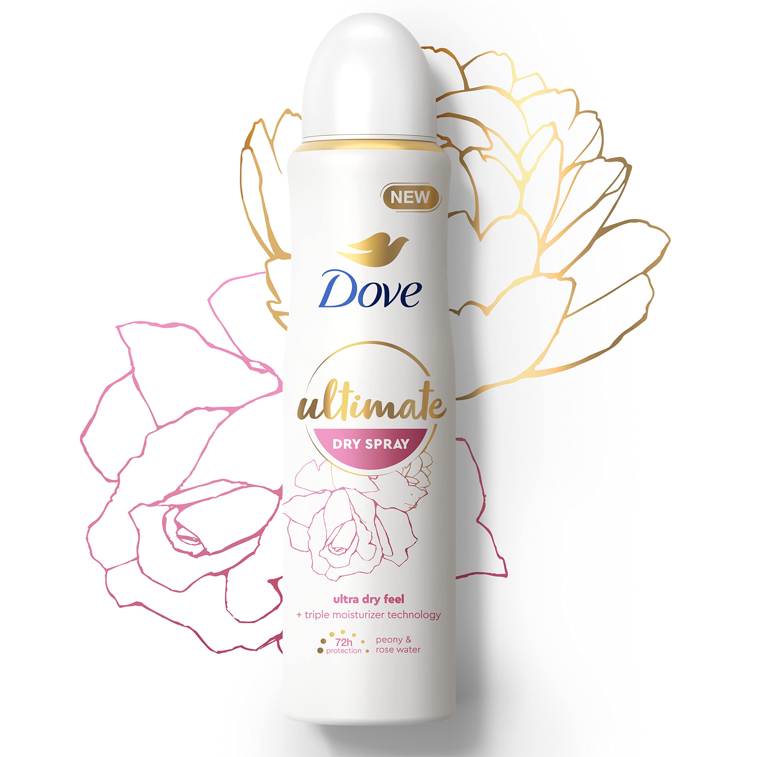 Dove Ultimate Dry Spray Peony and Rose Water – 72-Hour Protection, 3.8oz, 2 Count