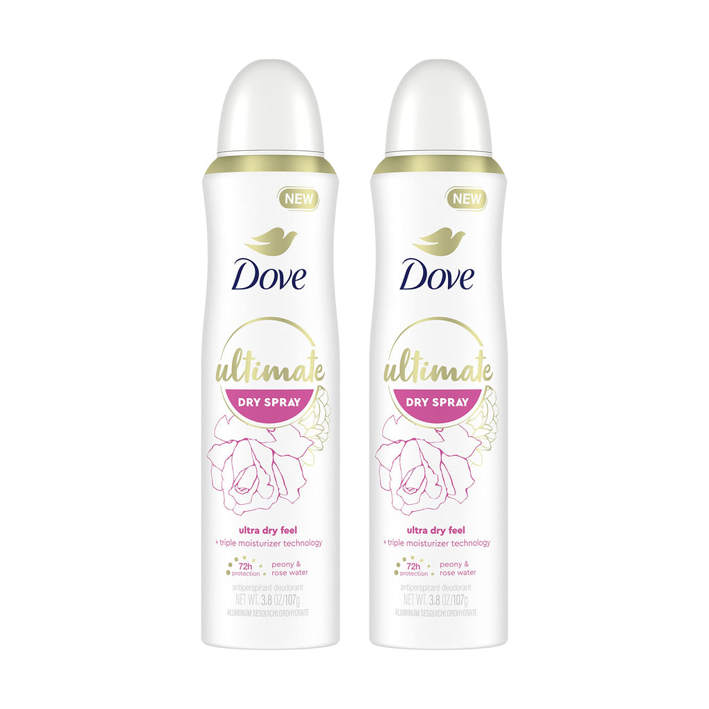 Dove Ultimate Dry Spray Peony and Rose Water – 72-Hour Protection, 3.8oz, 2 Count