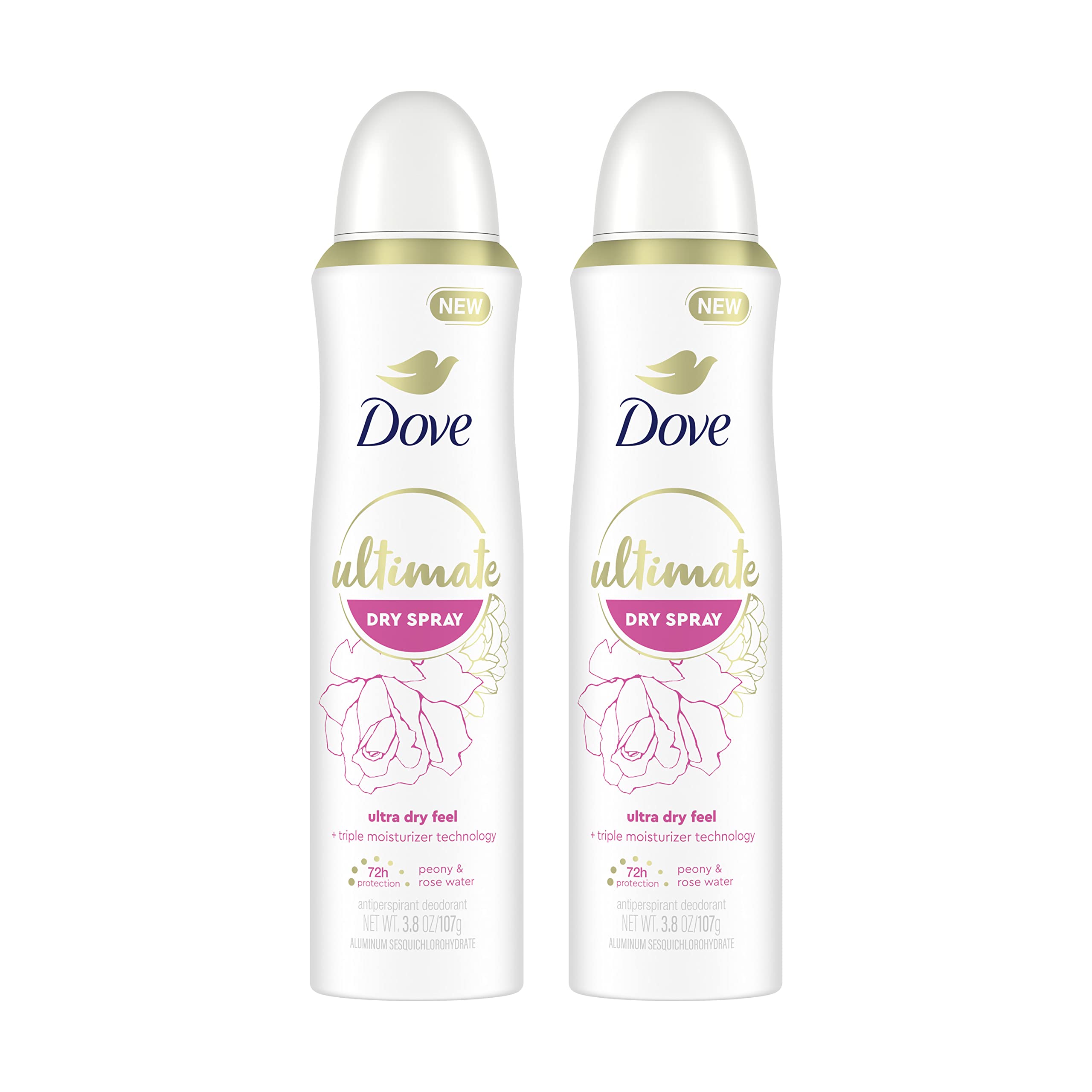 Dove Ultimate Dry Spray Peony and Rose Water – 72-Hour Protection, 3.8oz, 2 Count