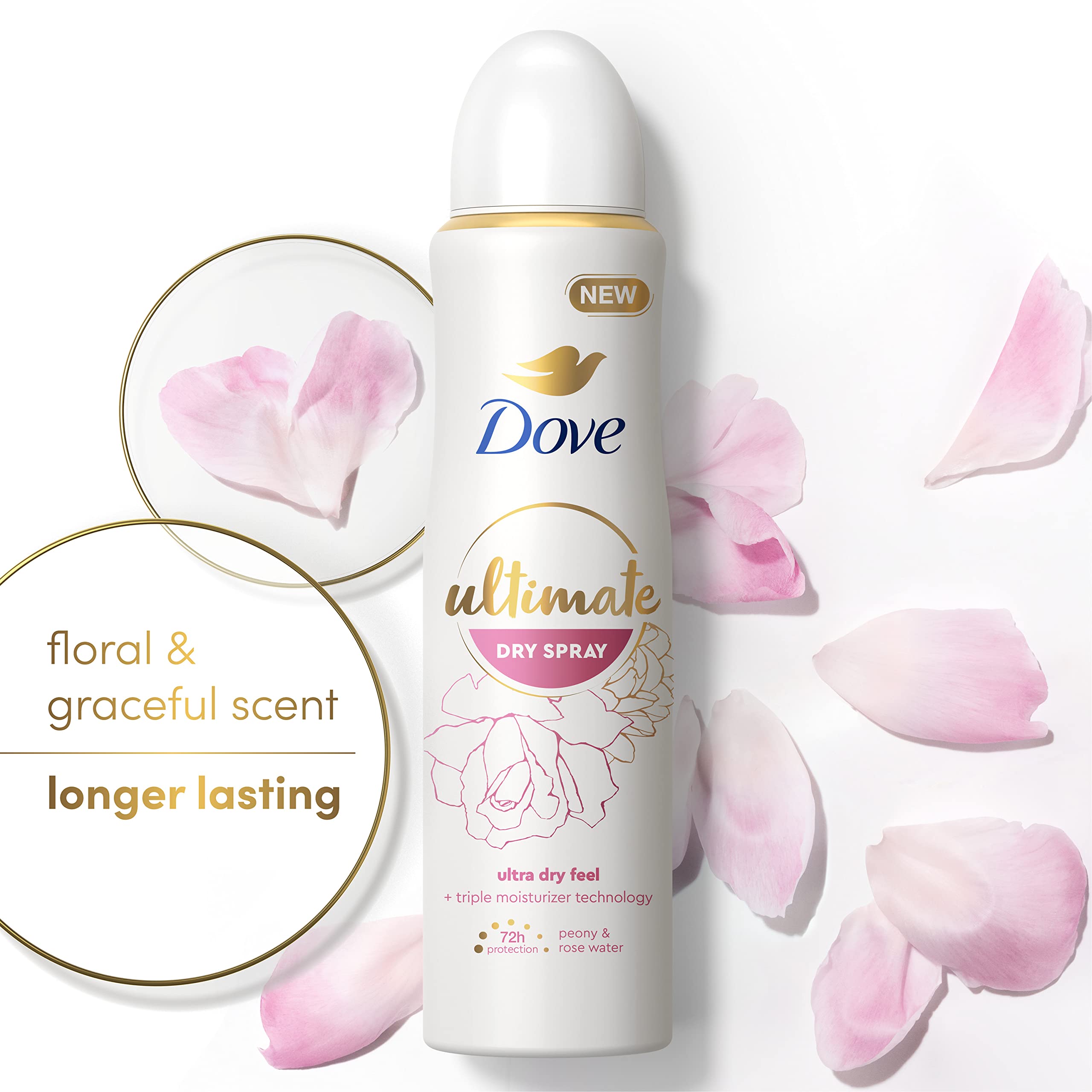 Dove Ultimate Dry Spray Peony and Rose Water – 72-Hour Protection, 3.8oz, 2 Count