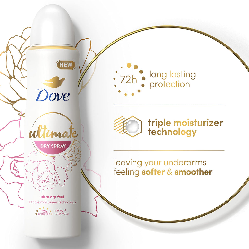 Dove Ultimate Dry Spray Peony and Rose Water – 72-Hour Protection, 3.8oz, 2 Count