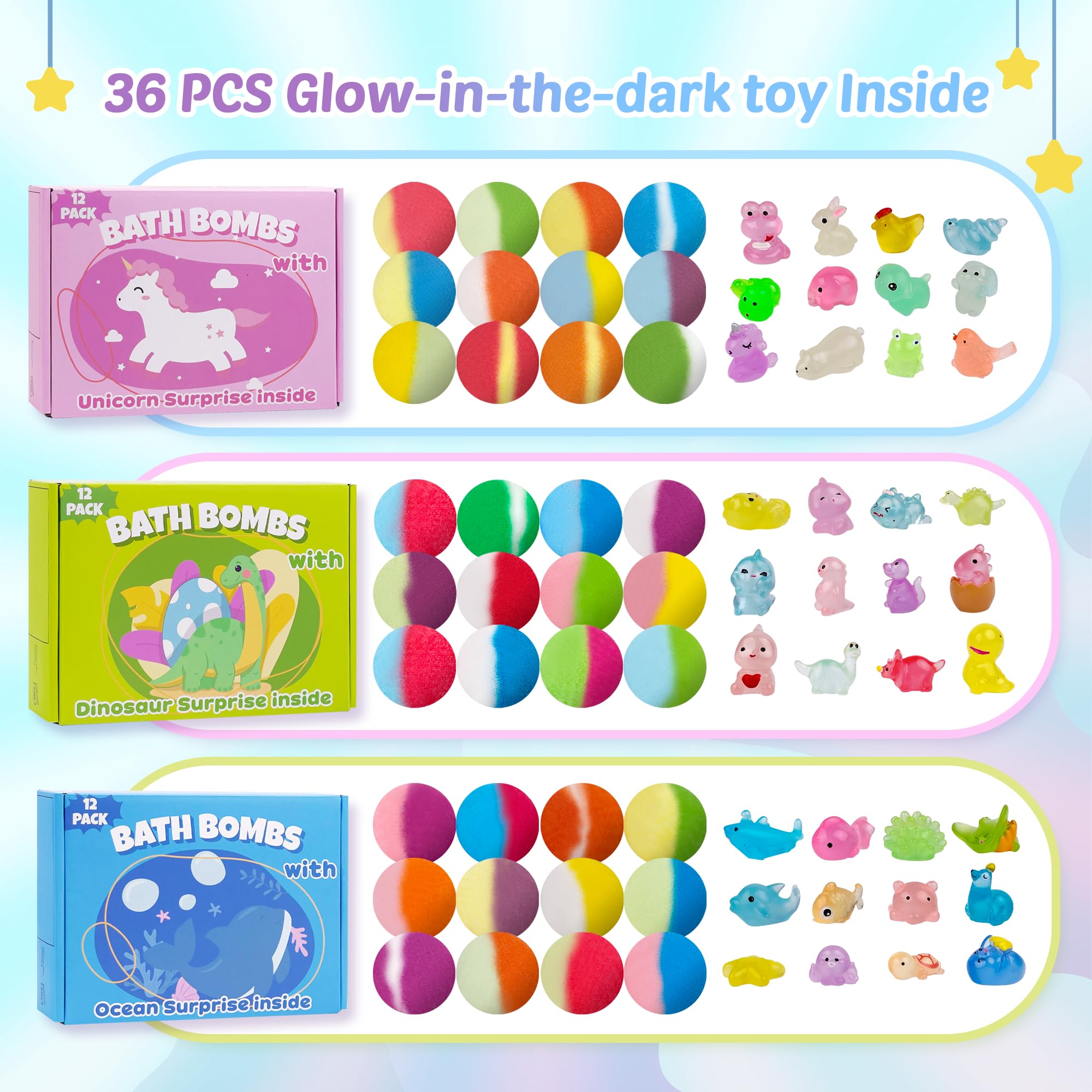 DOVIPE Kids Bath Bombs with Toy Inside – 36 Pcs Glow-in-the-Dark Surprise Bath Bomb Gift Set