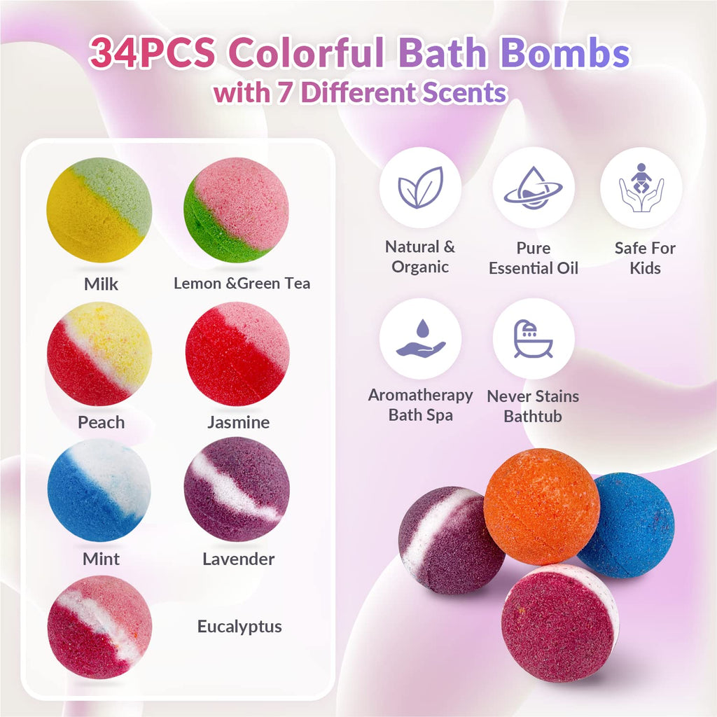 DOVIPE 34 + 6 Bath Bombs with Surprise Crystal Toys – Natural Kids Bath Gift Set