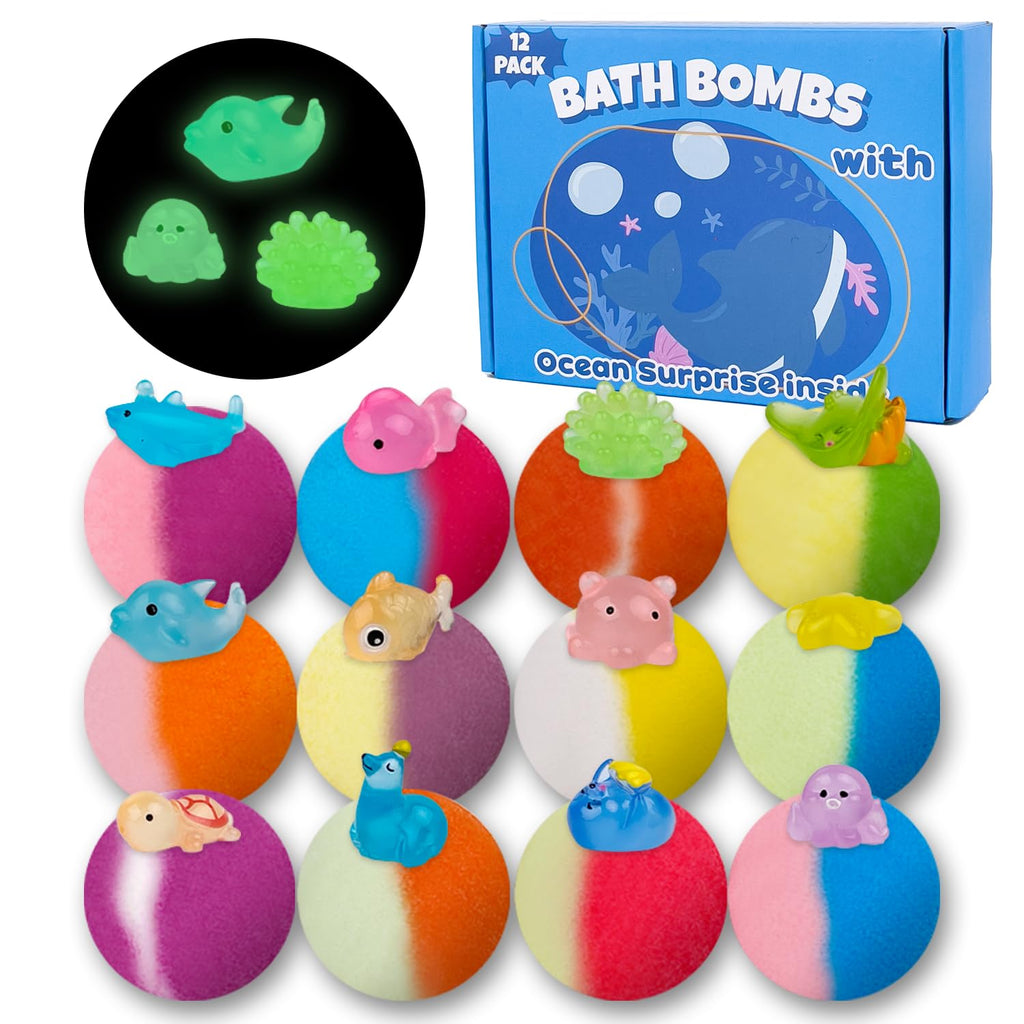DOVIPE Bath Bombs for Kids – 12 Pcs with Glow-in-the-Dark Ocean Toy Inside | Handmade Organic Bubble Bath Gift Set