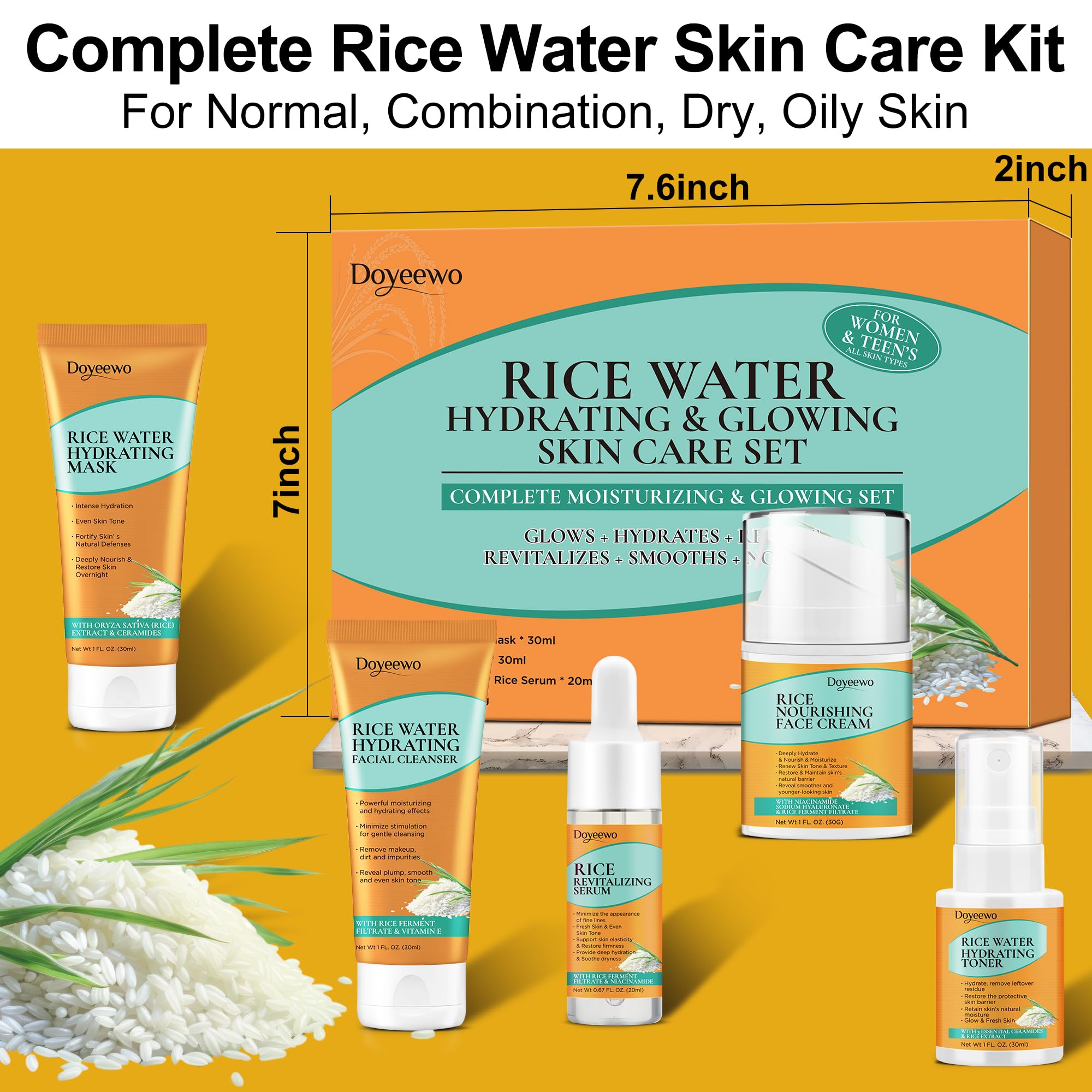 DOYEEWO Skin Care Set – 5Pcs with Korean Rice Extract for Hydration, Glow & Anti-Aging