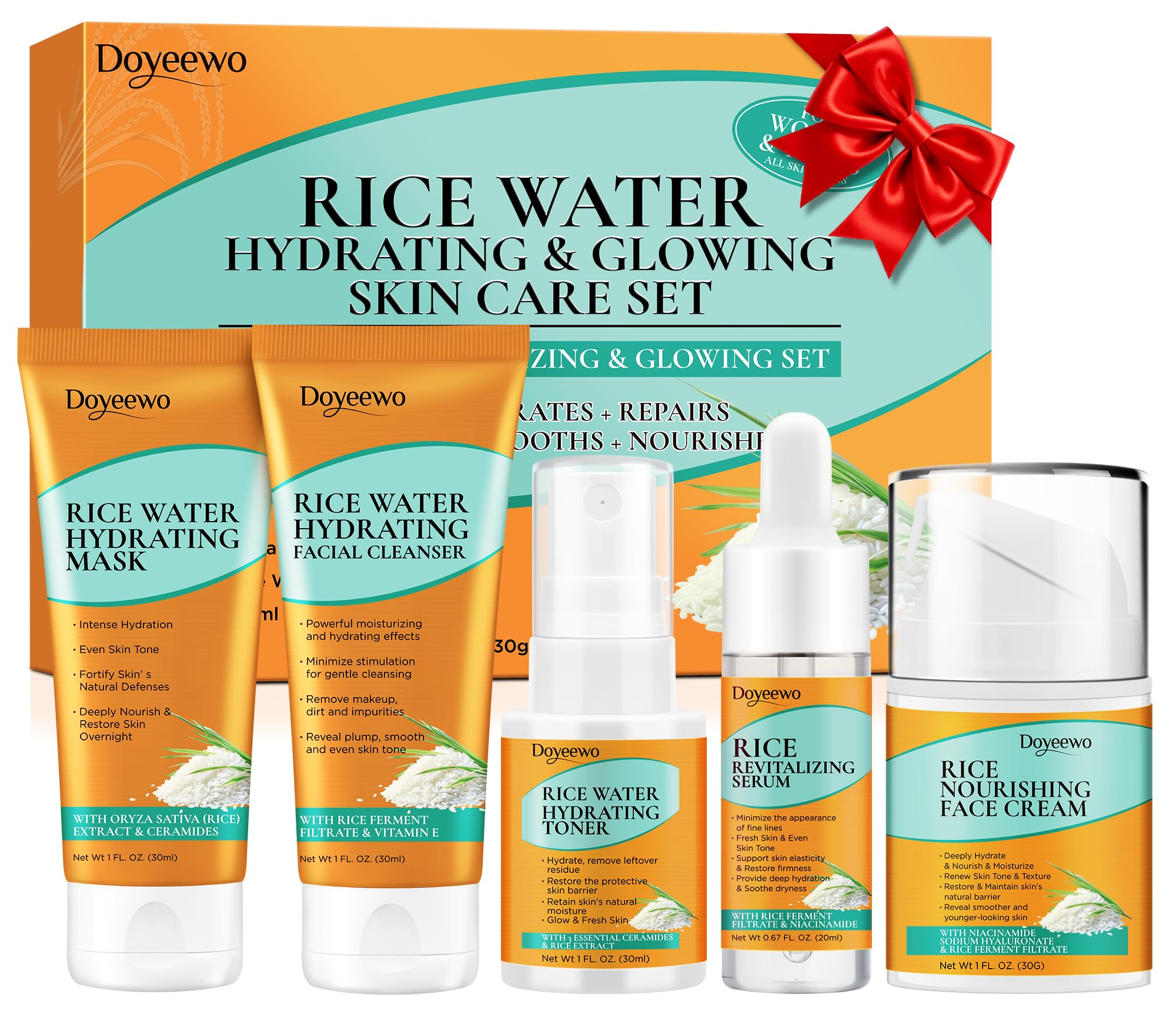 DOYEEWO Skin Care Set – 5Pcs with Korean Rice Extract for Hydration, Glow & Anti-Aging