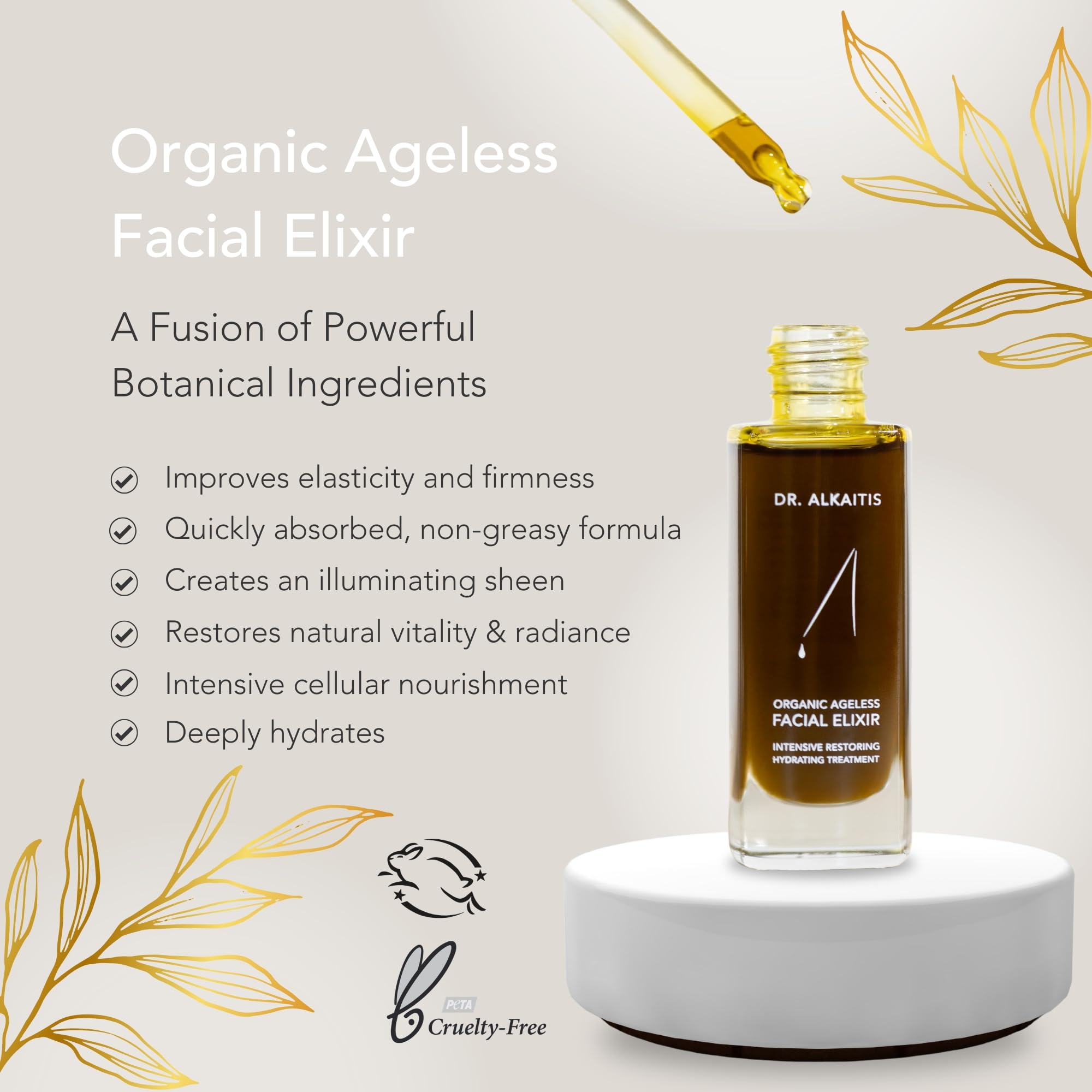 Dr. Alkaitis Organic Ageless Facial Elixir – Luxurious Moisturizing Serum (1 fl oz / 30 ml)