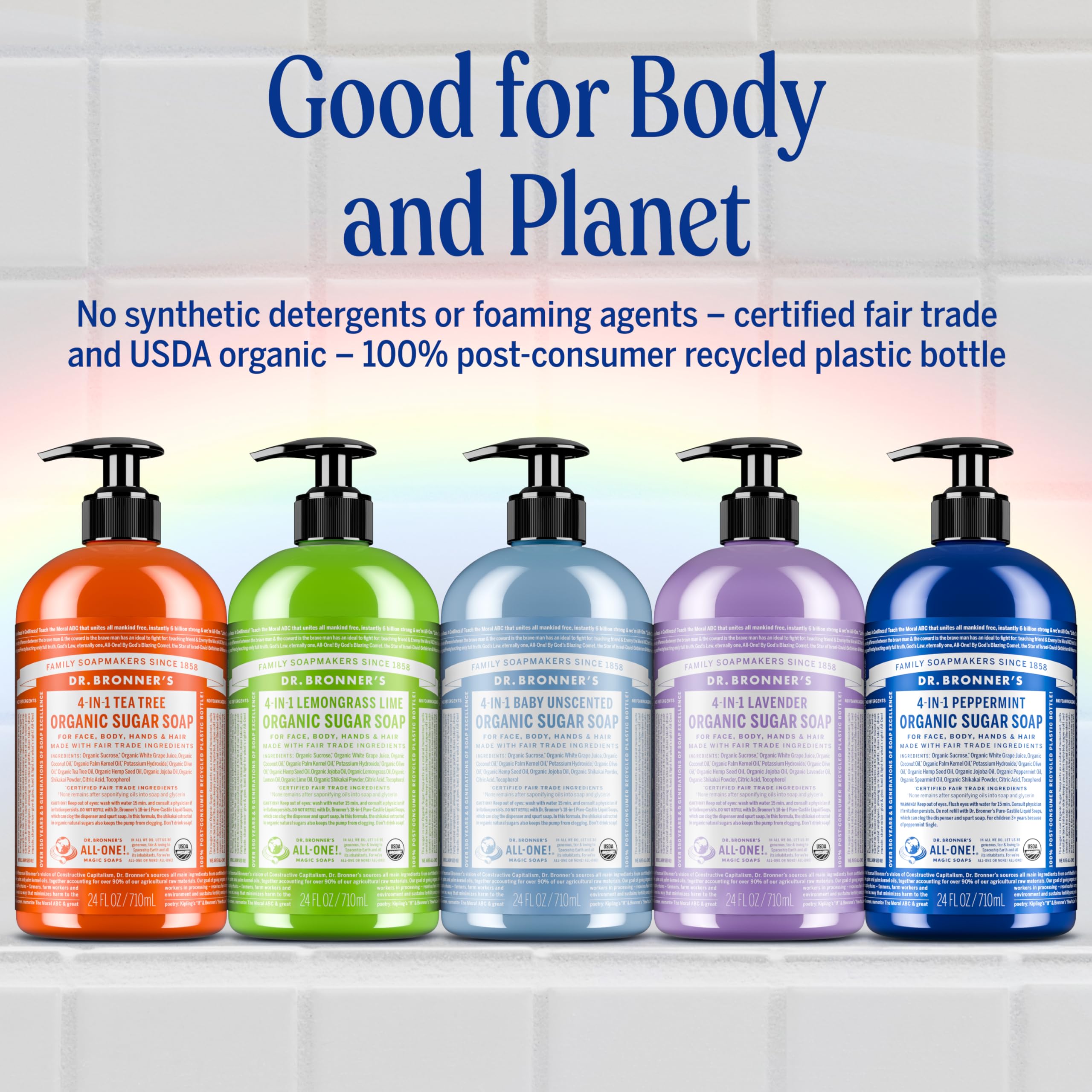 Dr. Bronner’s Organic Sugar Soap Peppermint – 64 oz, 4-in-1 Hand & Body Wash with Organic Oils