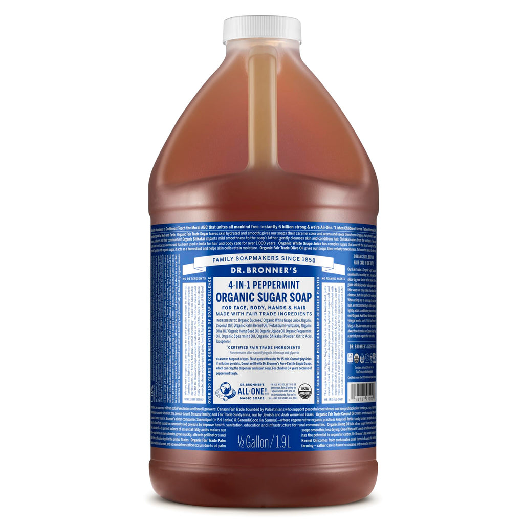 Dr. Bronner’s Organic Sugar Soap Peppermint – 64 oz, 4-in-1 Hand & Body Wash with Organic Oils