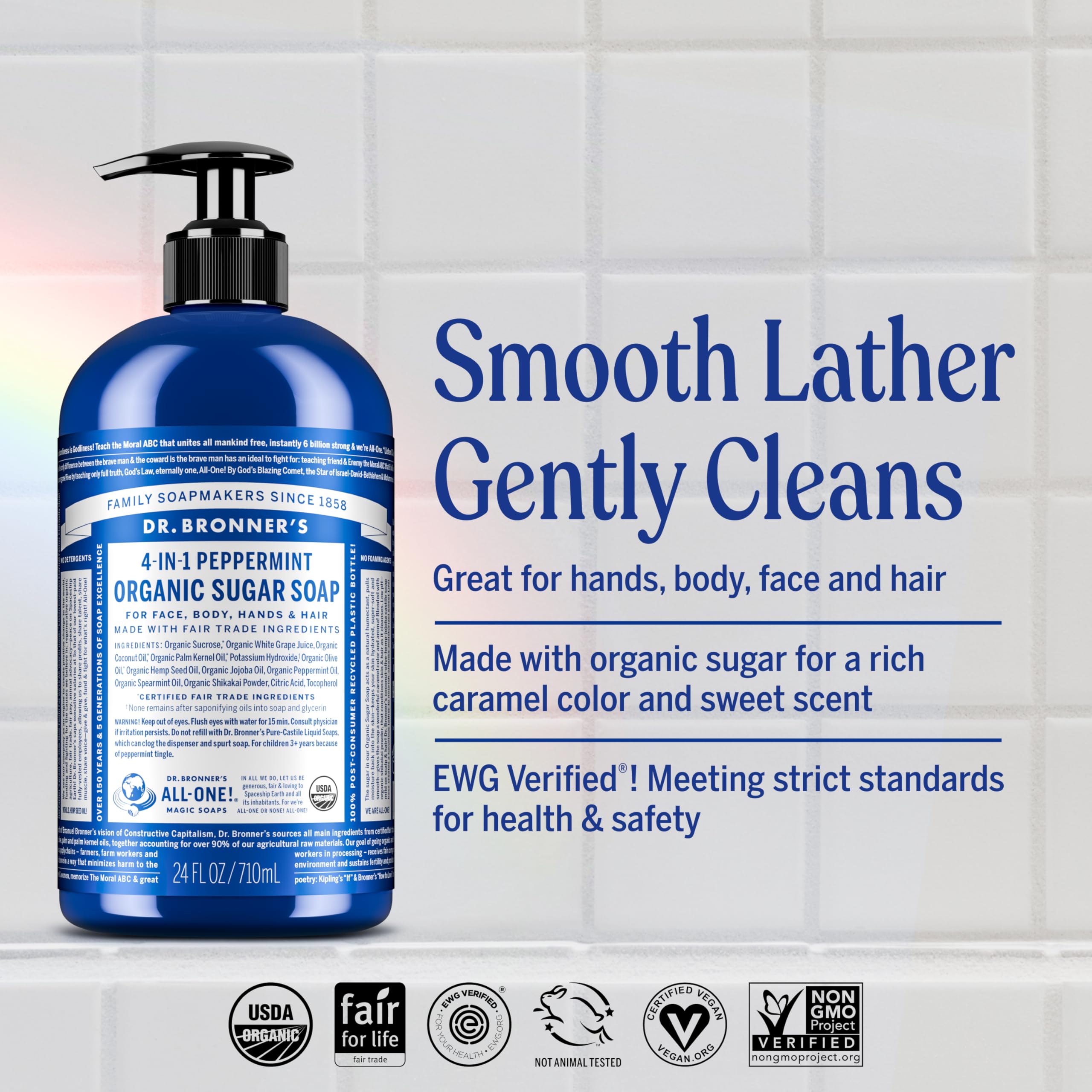 Dr. Bronner’s Organic Sugar Soap Peppermint – 64 oz, 4-in-1 Hand & Body Wash with Organic Oils