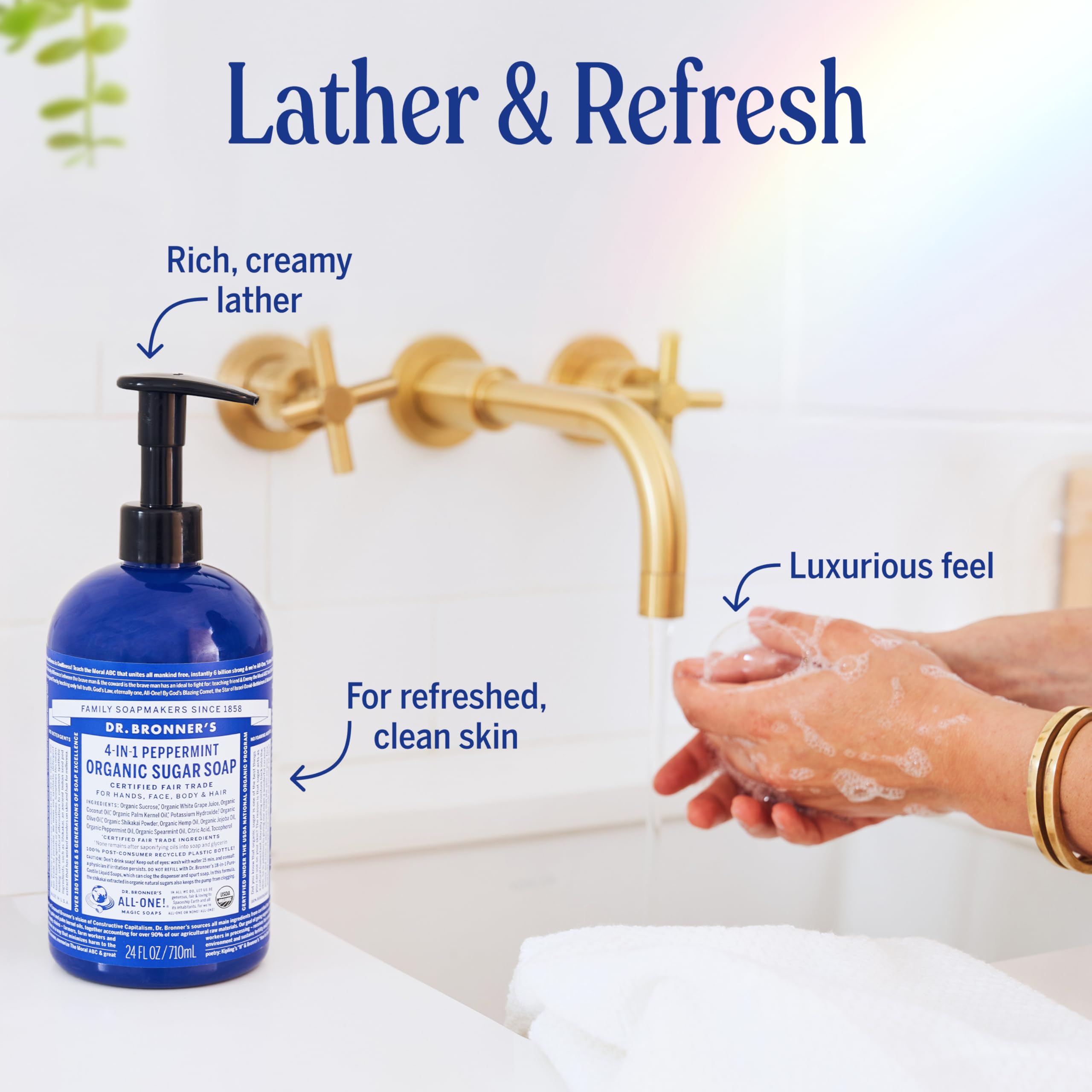 Dr. Bronner’s Organic Sugar Soap Peppermint – 64 oz, 4-in-1 Hand & Body Wash with Organic Oils