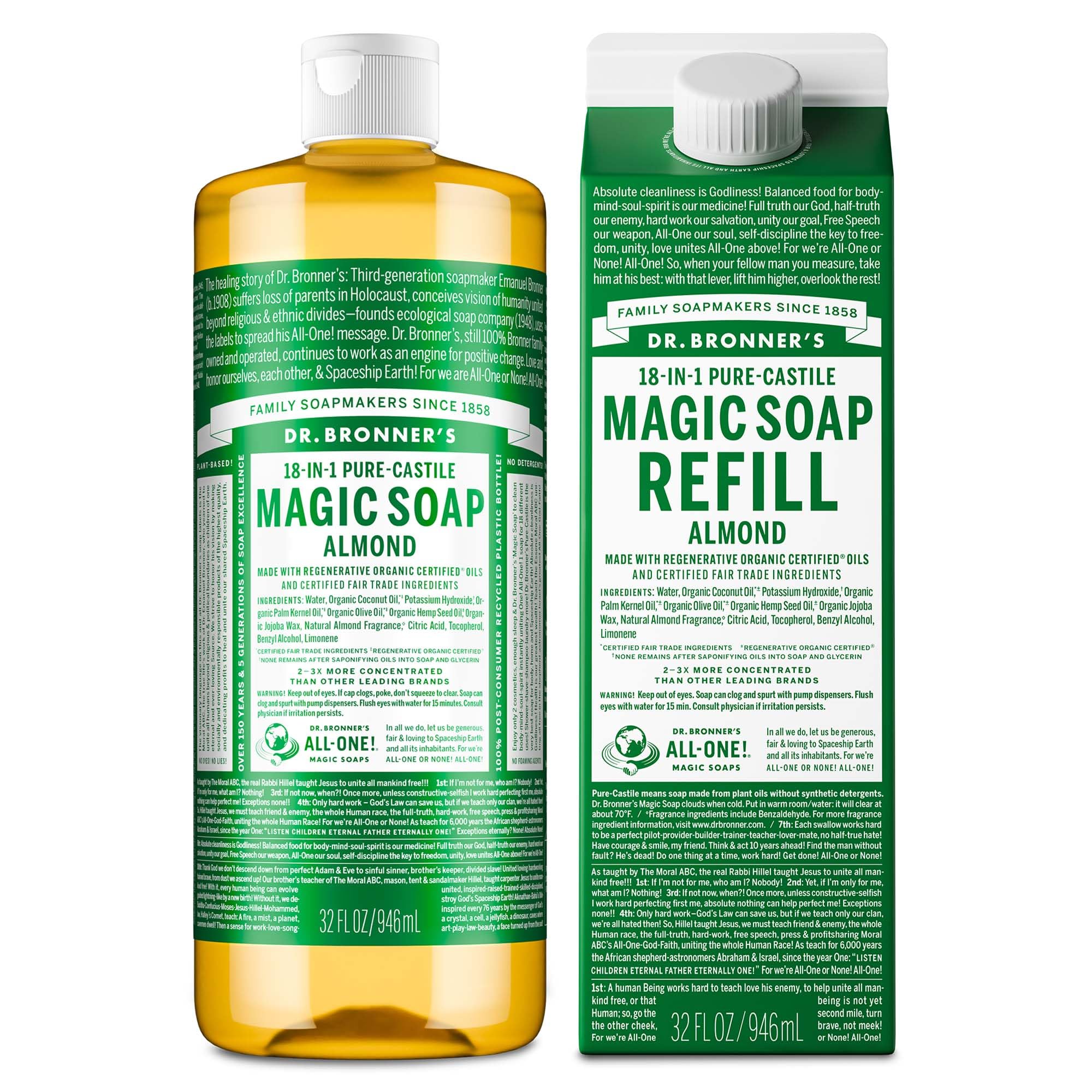 Dr. Bronner's Pure-Castile Almond Soap Liquid – Regenerative Organic Oils, 32oz + Refill