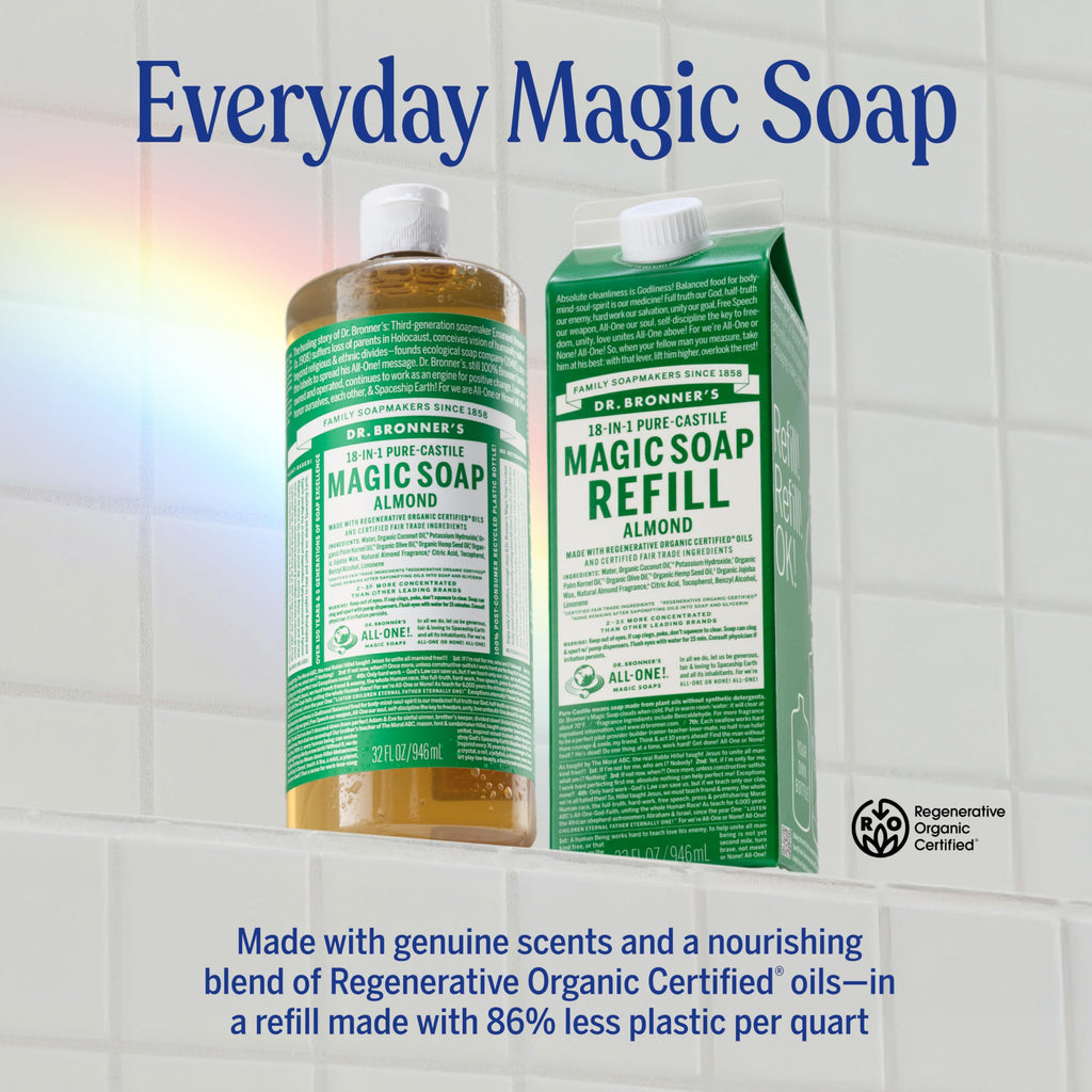 Dr. Bronner's Pure-Castile Almond Soap Liquid – Regenerative Organic Oils, 32oz + Refill