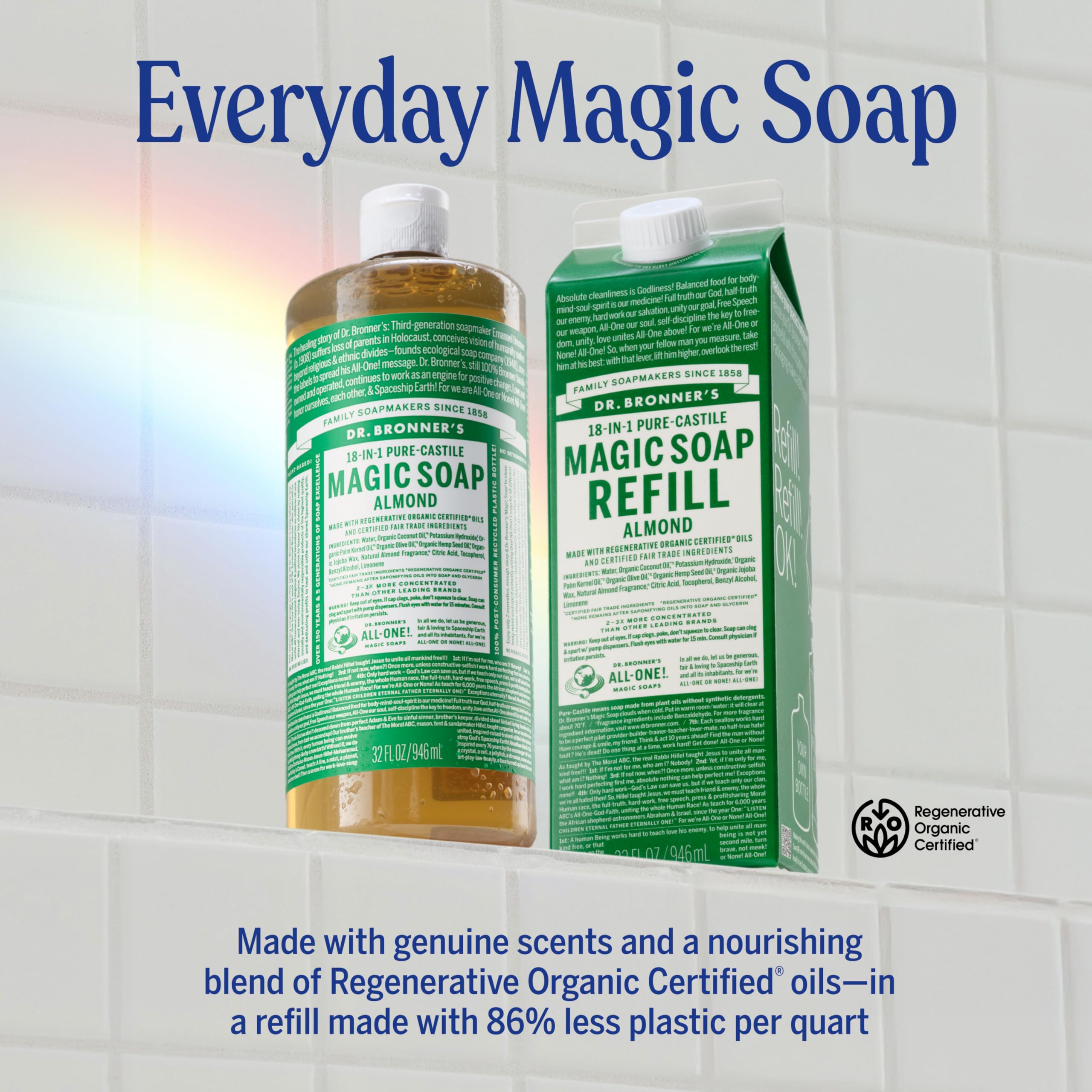 Dr. Bronner's Pure-Castile Almond Soap Liquid – Regenerative Organic Oils, 32oz + Refill
