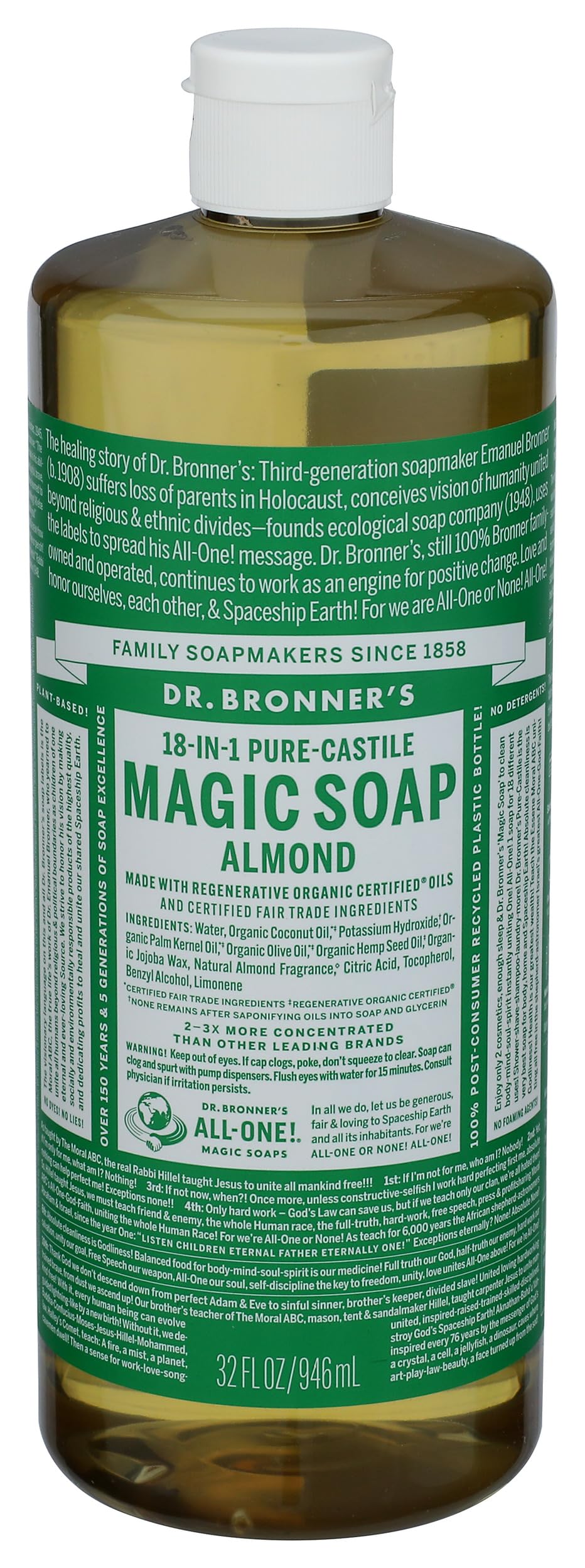 Dr. Bronner's Almond Castile Soap 32 oz - Organic, Cruelty-Free, Multi-Purpose Cleaner